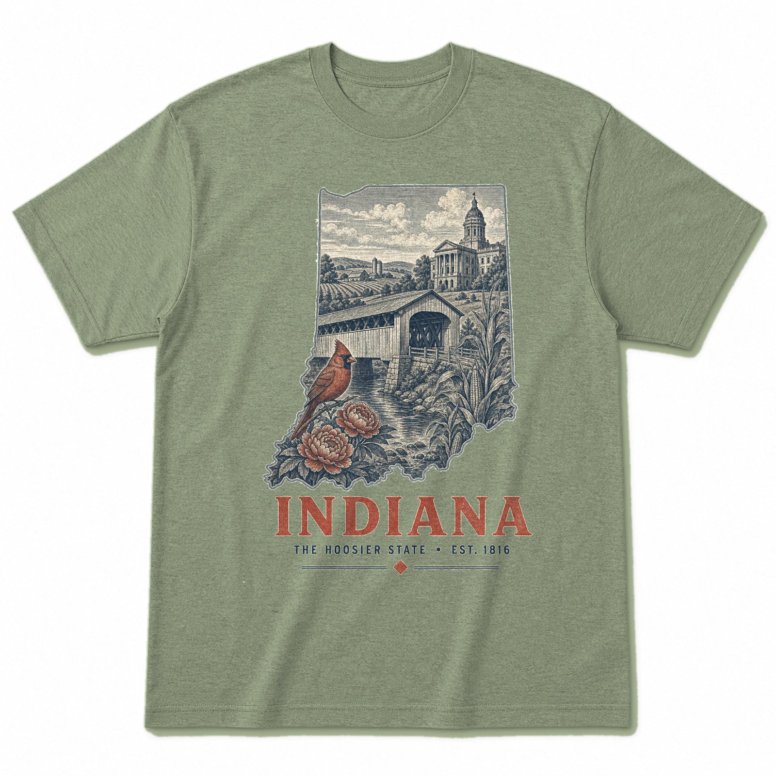 Vintage Indiana State Graphic T-Shirt in Light Sage Green, front view on a white background