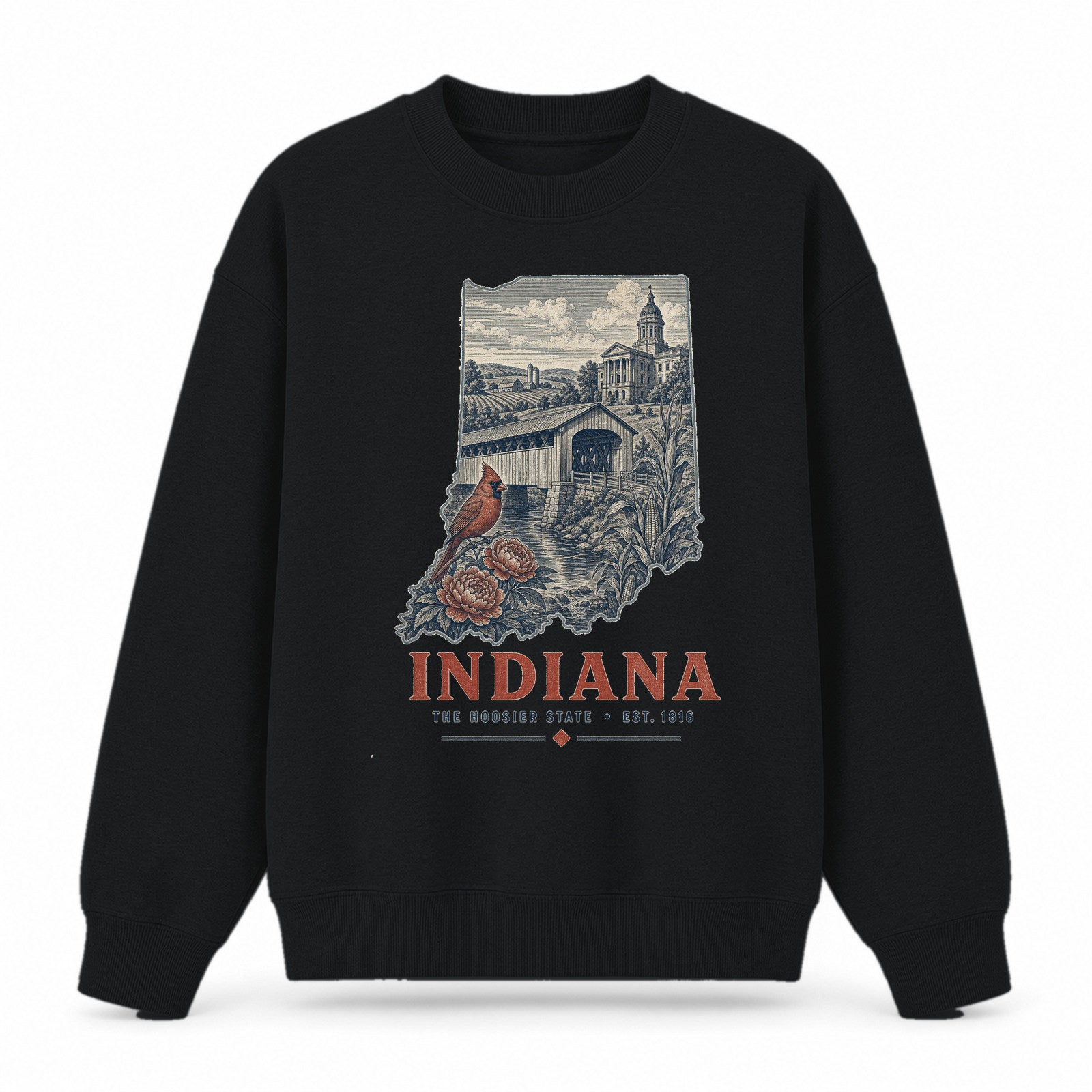 Vintage Indiana State Graphic Crewneck Sweatshirt in Black, front view on a white background