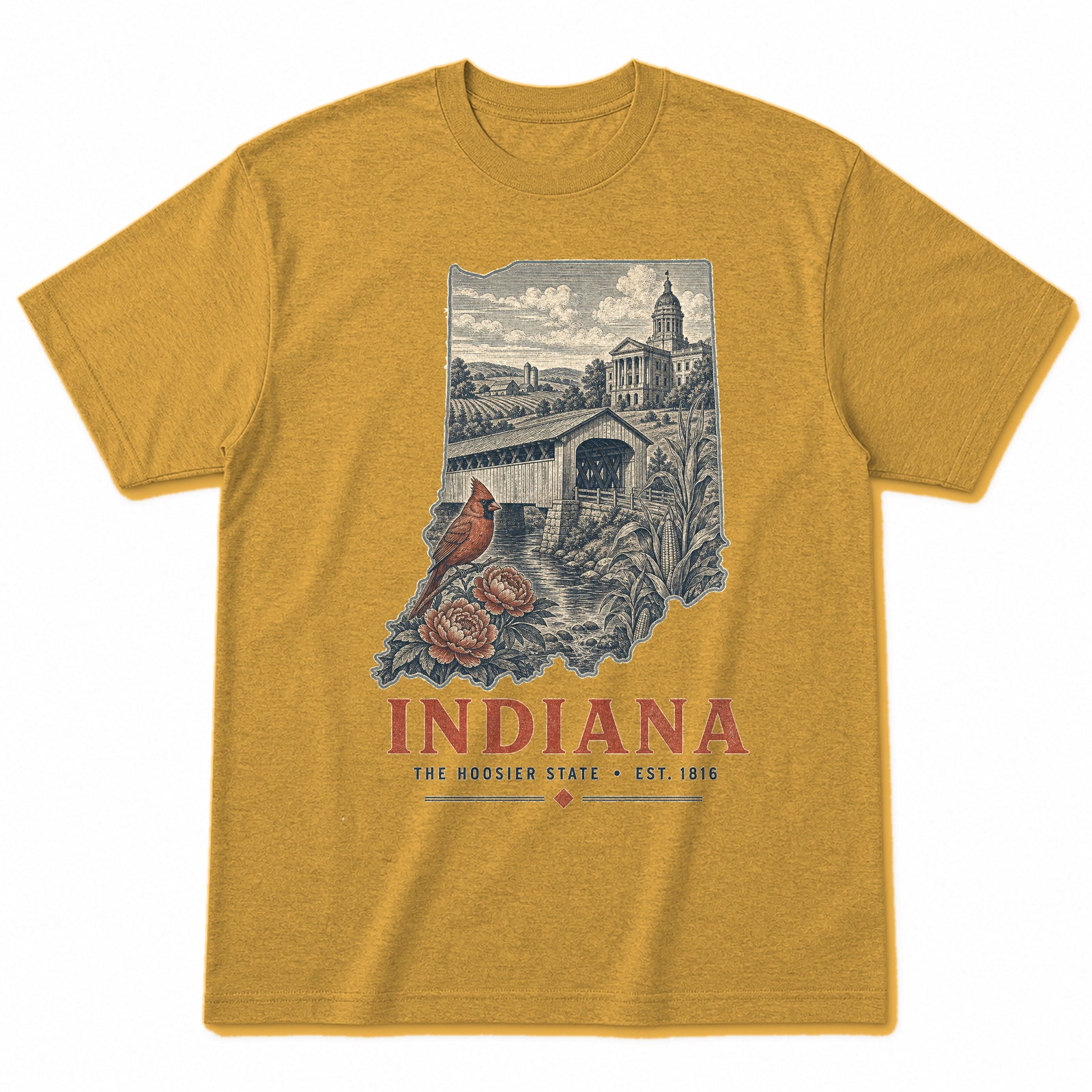 Vintage Indiana State Graphic T-Shirt in Vintage Mustard Yellow, front view on a white background