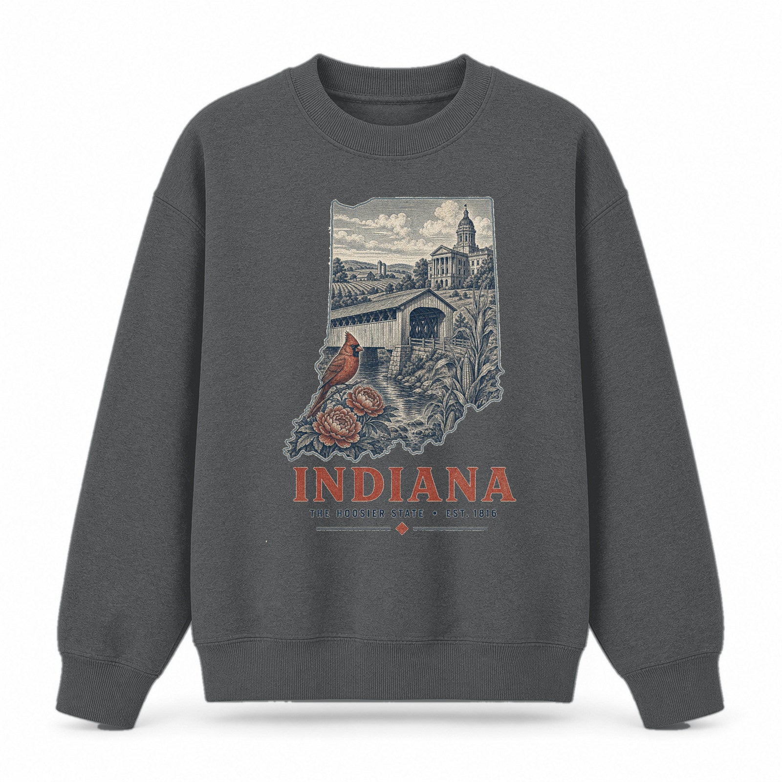 Vintage Indiana State Graphic Crewneck Sweatshirt in Dark Gray, front view on a white background