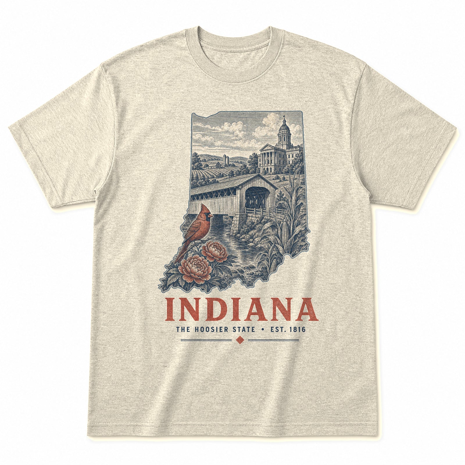 Vintage Indiana State Graphic T-Shirt in Natural Cream, front view on a white background