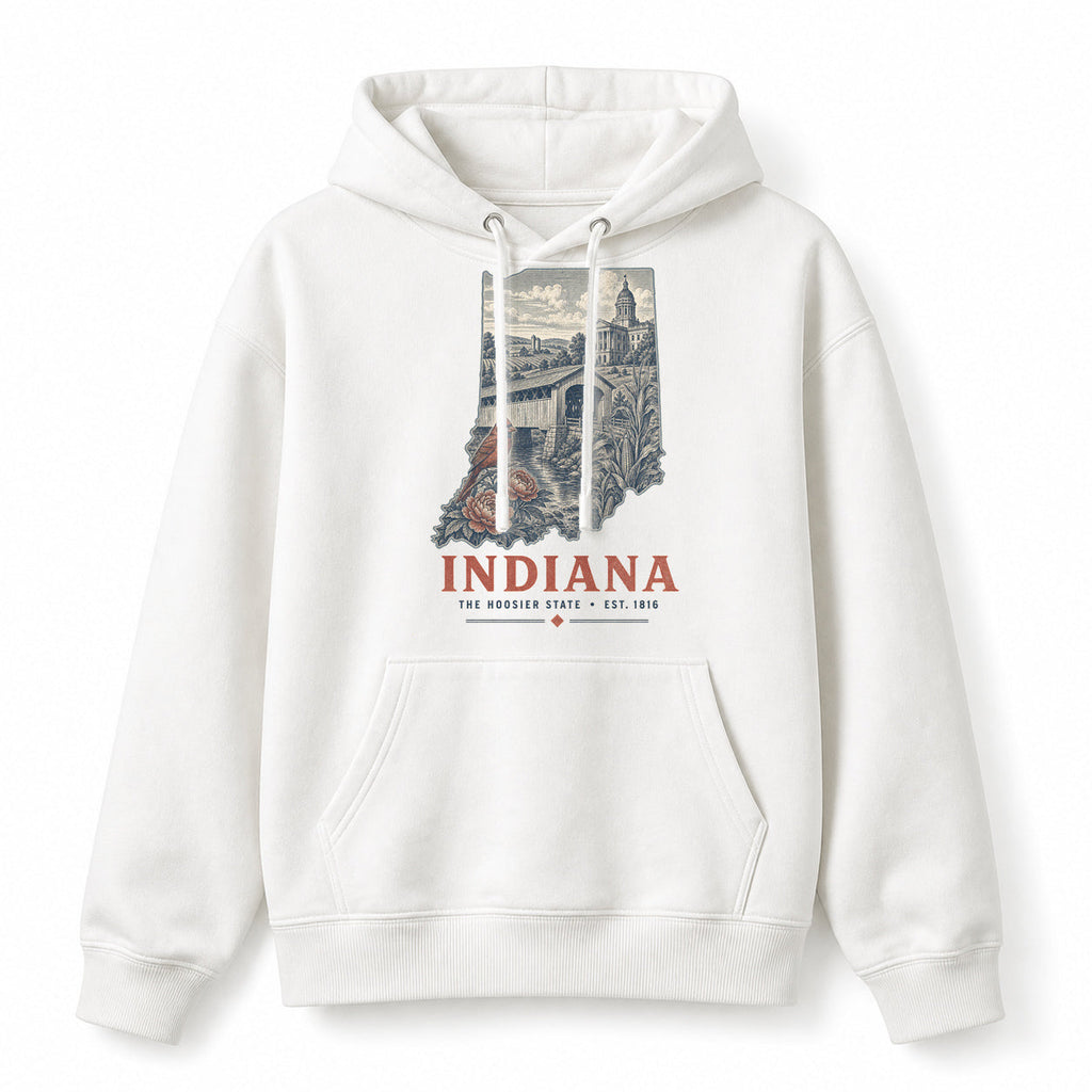 Vintage Indiana State Graphic Pullover Hoodie in White, front view on a white background