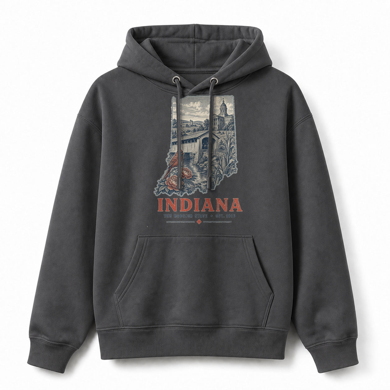 Vintage Indiana State Graphic Pullover Hoodie in Dark Gray, front view on a white background