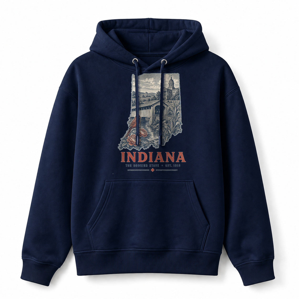 Vintage Indiana State Graphic Pullover Hoodie in Navy, front view on a white background