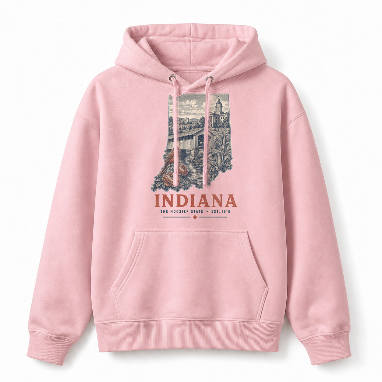 Vintage Indiana State Graphic Pullover Hoodie in Light Pink, front view on a white background