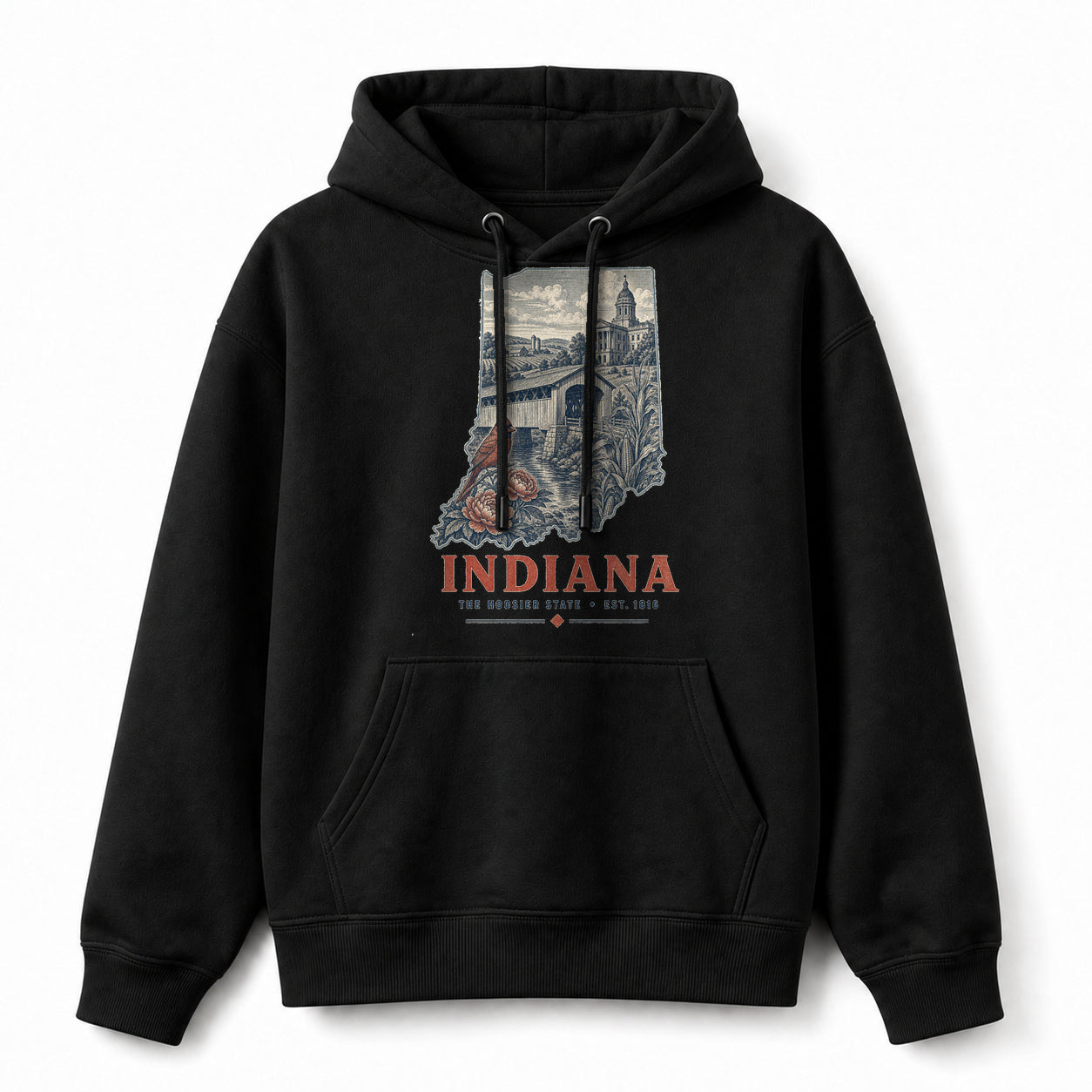Vintage Indiana State Graphic Pullover Hoodie in Black, front view on a white background
