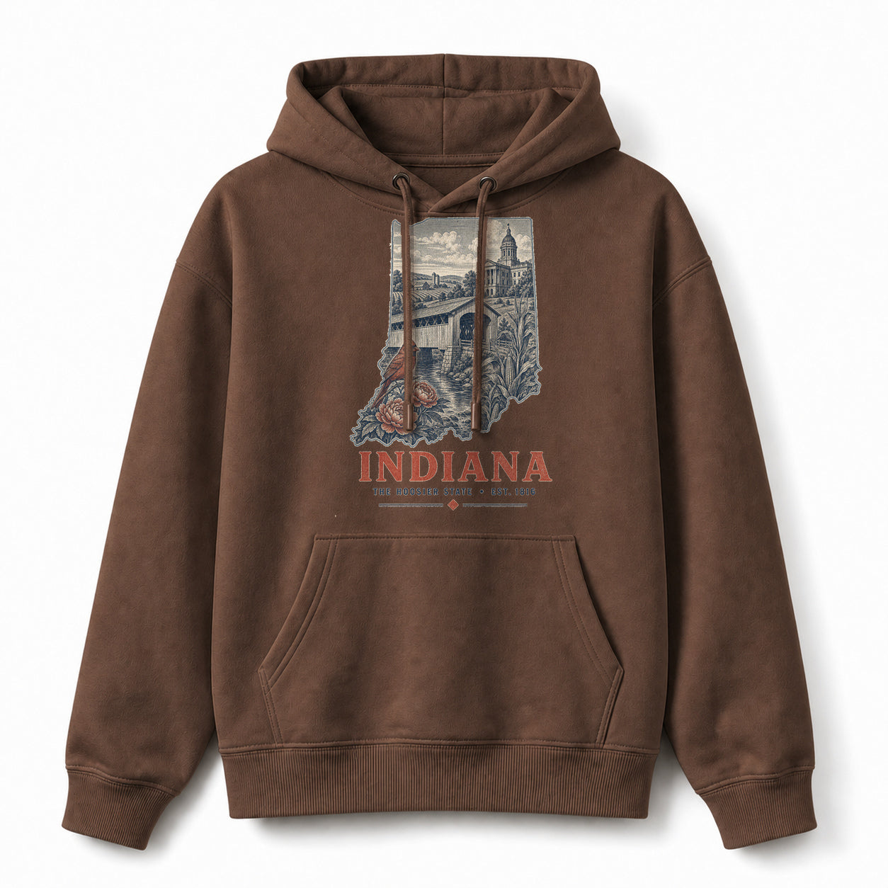 Vintage Indiana State Graphic Pullover Hoodie in Coffee Brown, front view on a white background