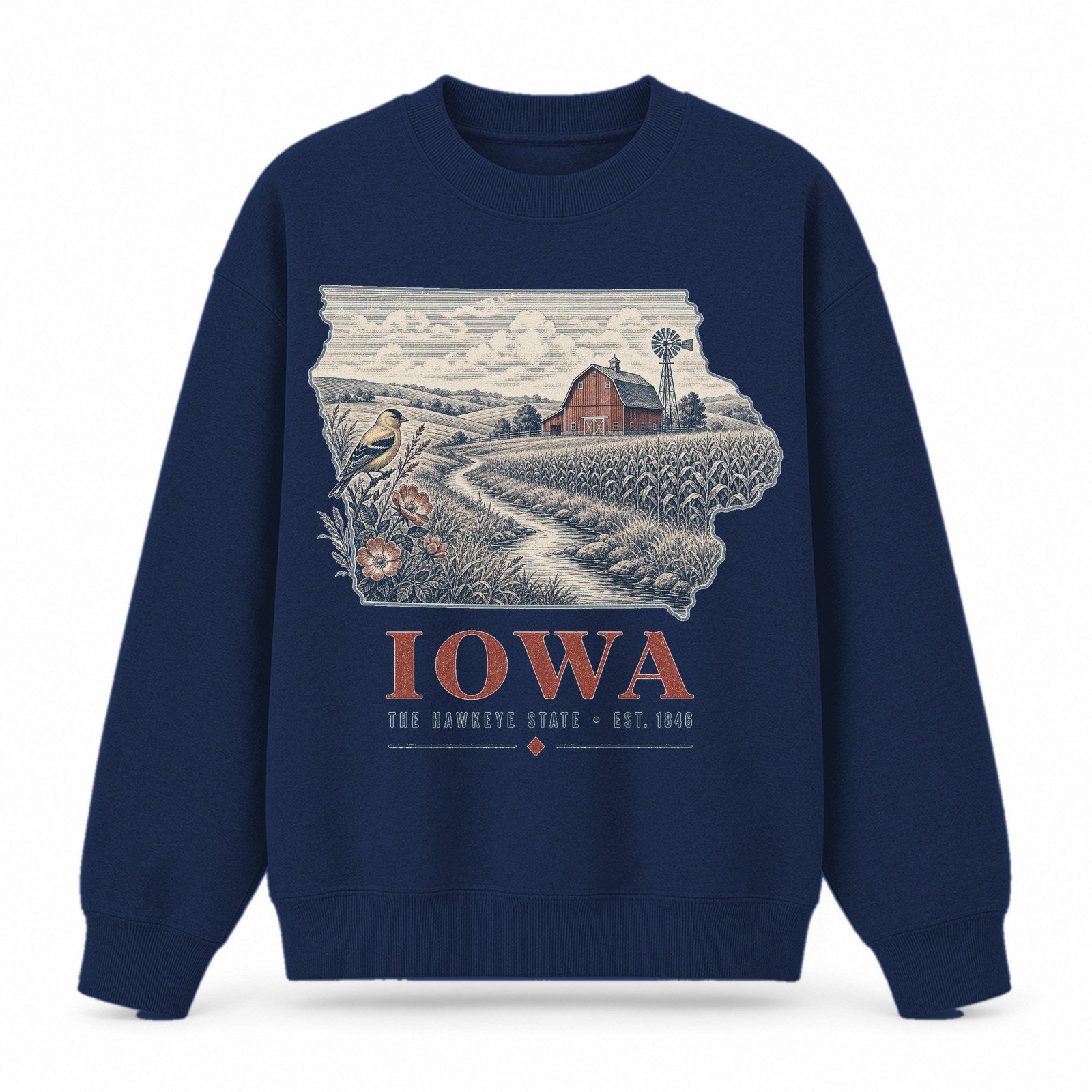 Vintage Iowa State Graphic Crewneck Sweatshirt in Navy, front view on a white background