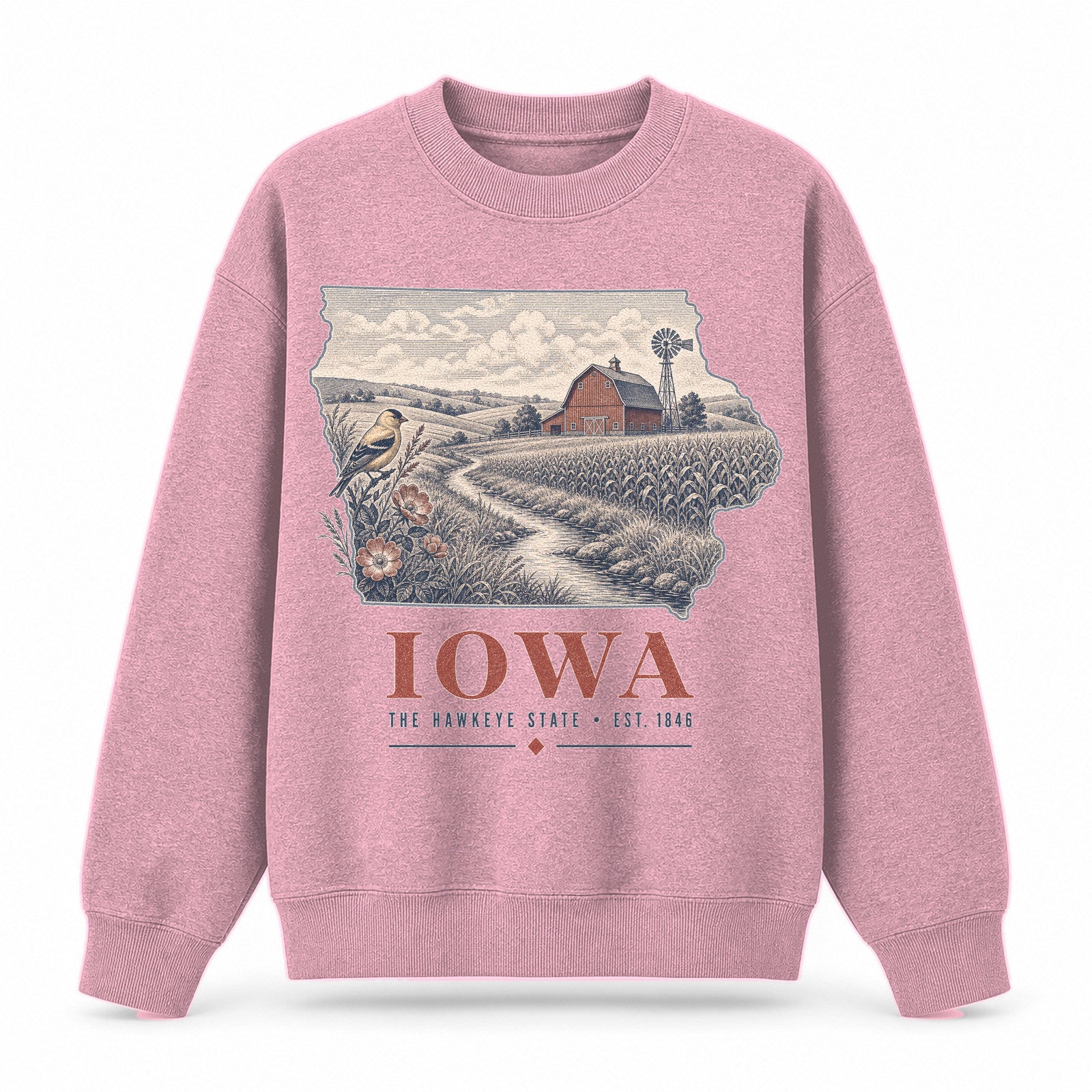 Vintage Iowa State Graphic Crewneck Sweatshirt in Pink, front view on a white background