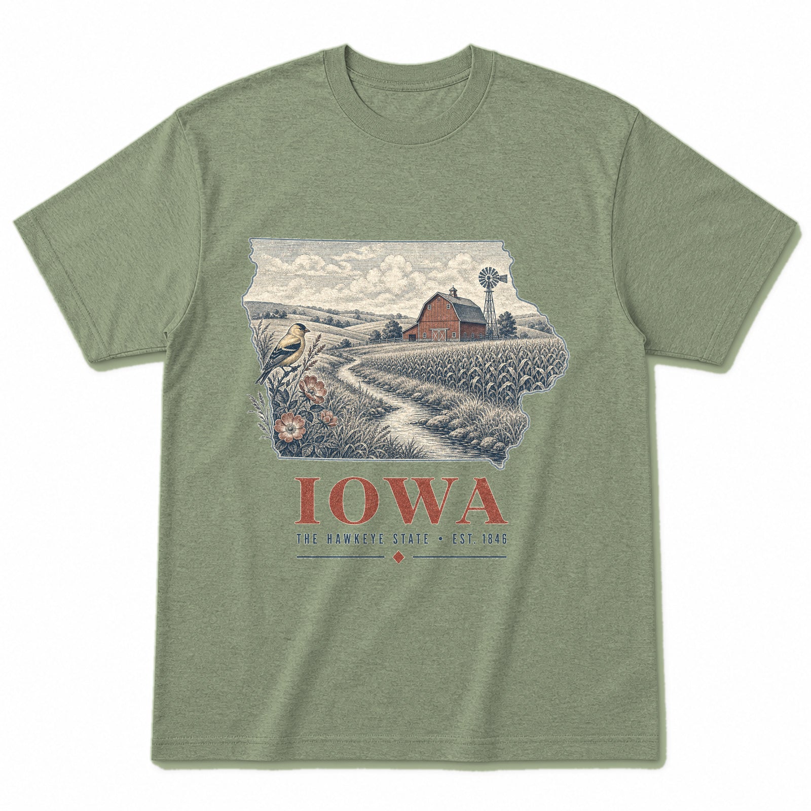 Vintage Iowa State Graphic T-Shirt in Light Sage Green, front view on a white background