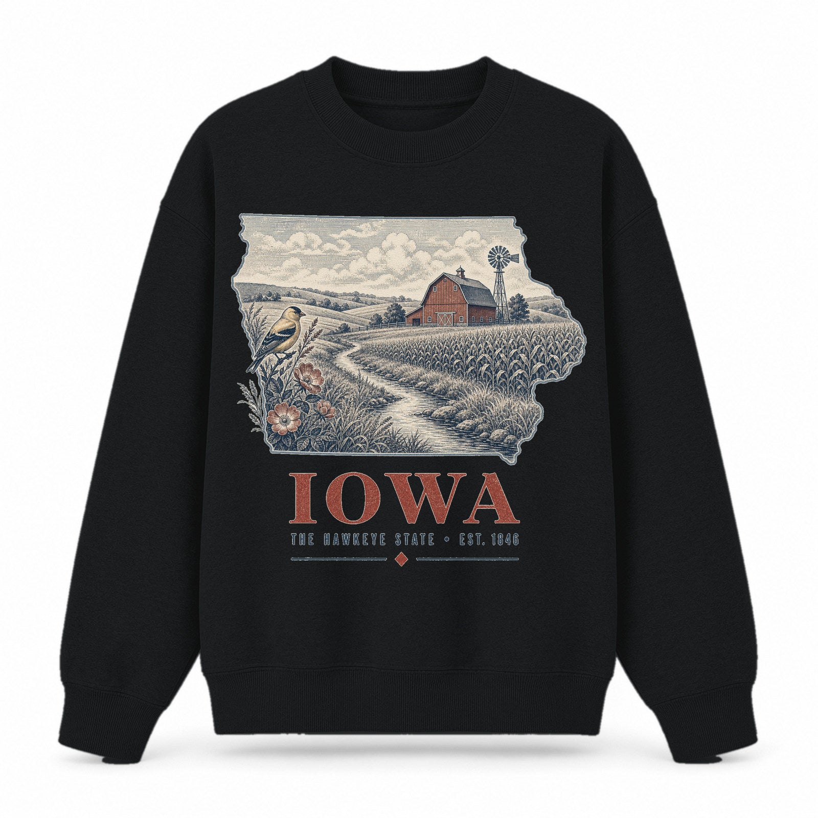 Vintage Iowa State Graphic Crewneck Sweatshirt in Black, front view on a white background