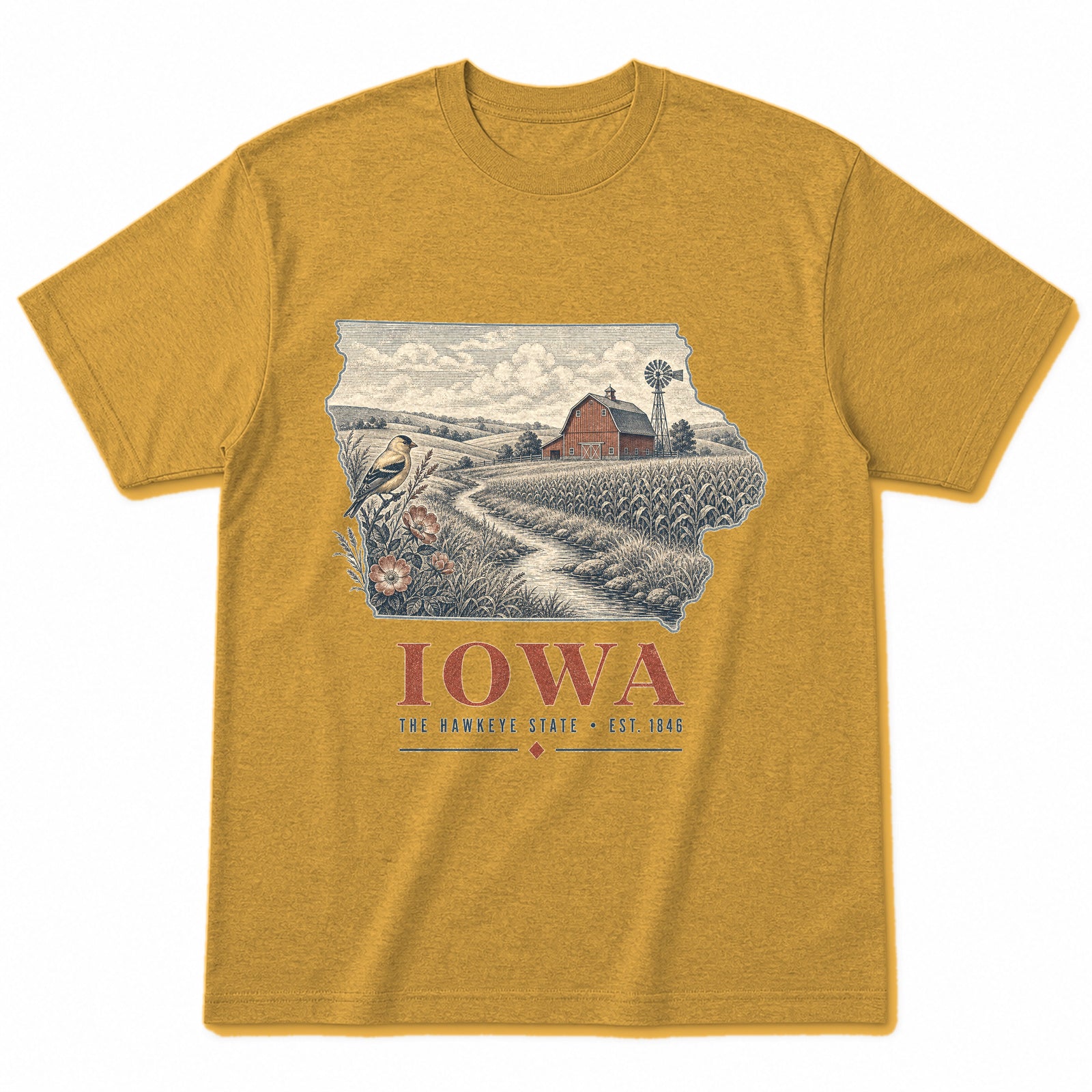 Vintage Iowa State Graphic T-Shirt in Vintage Mustard Yellow, front view on a white background