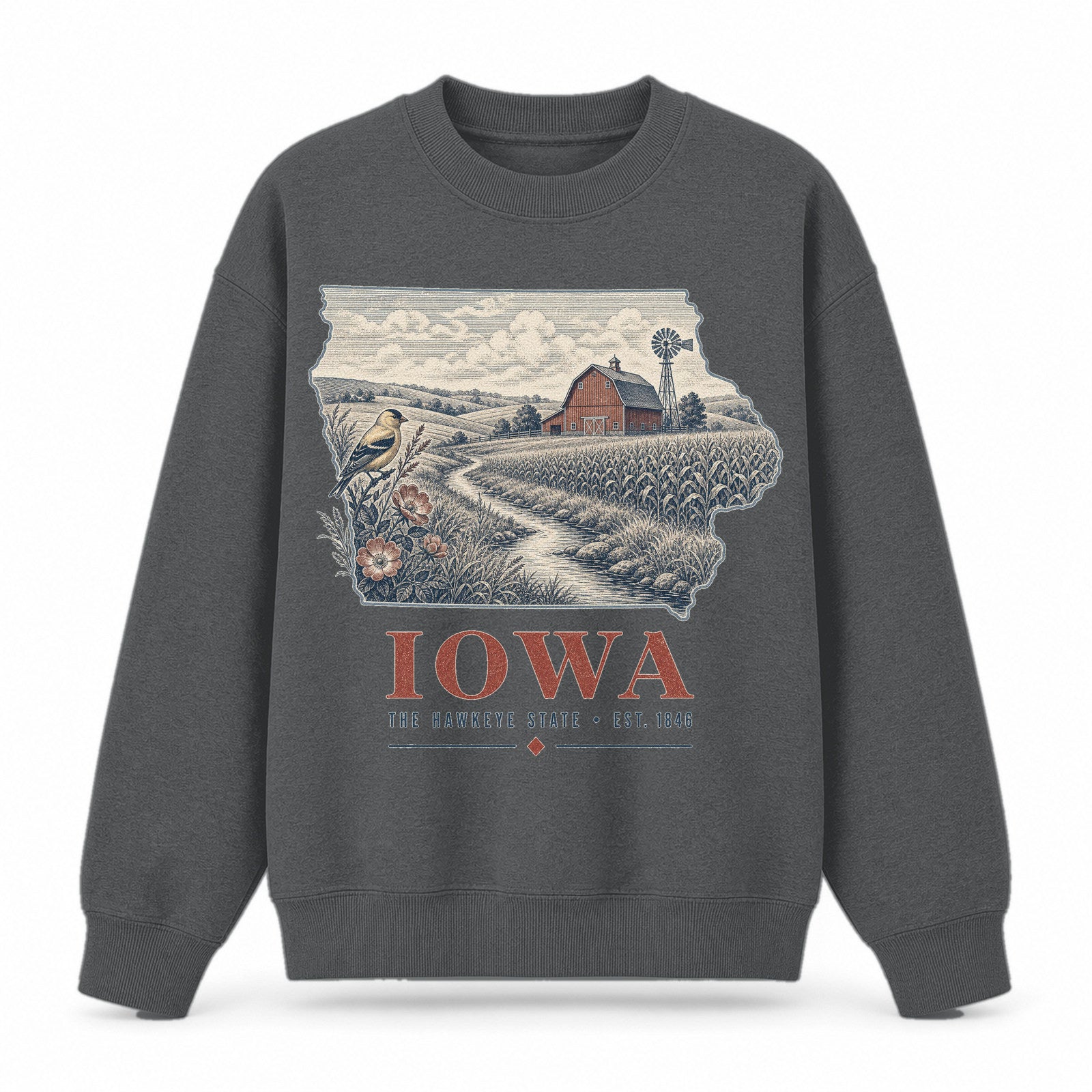 Vintage Iowa State Graphic Crewneck Sweatshirt in Dark Gray, front view on a white background