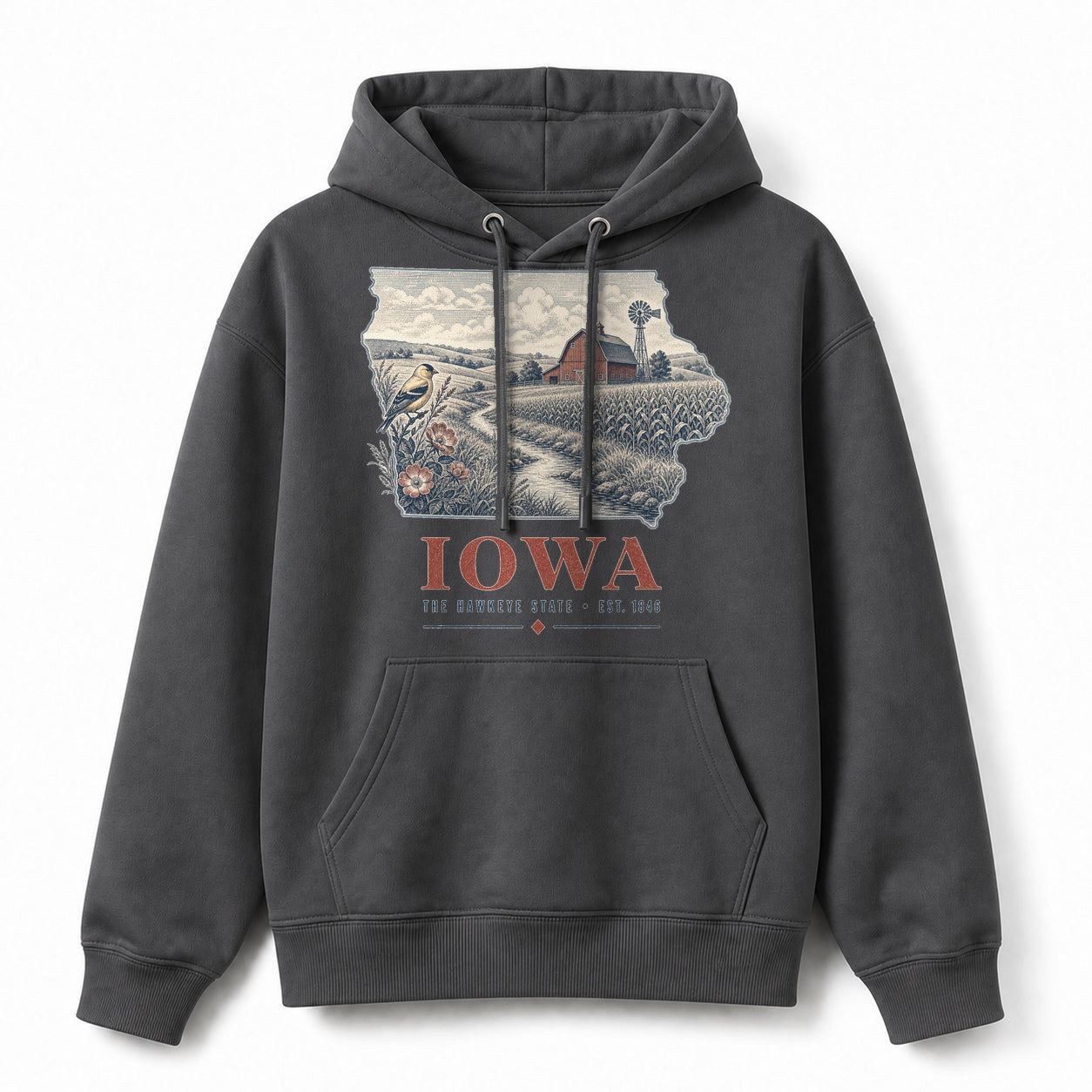 Vintage Iowa State Graphic Pullover Hoodie in Dark Gray, front view on a white background