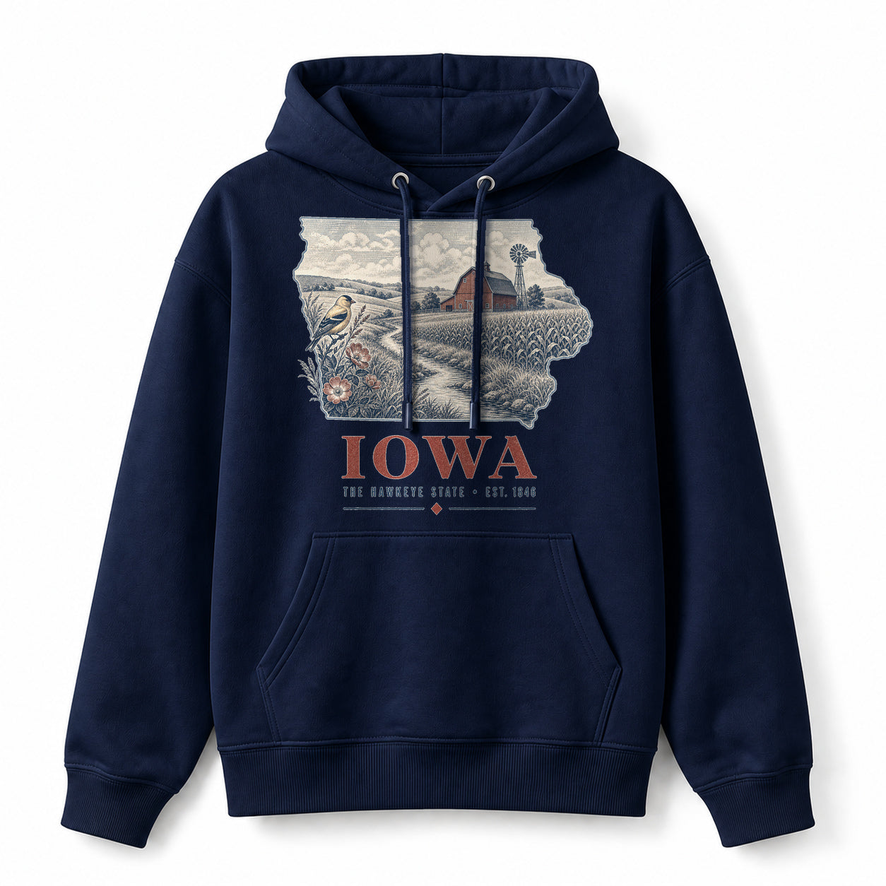 Vintage Iowa State Graphic Pullover Hoodie in Navy, front view on a white background