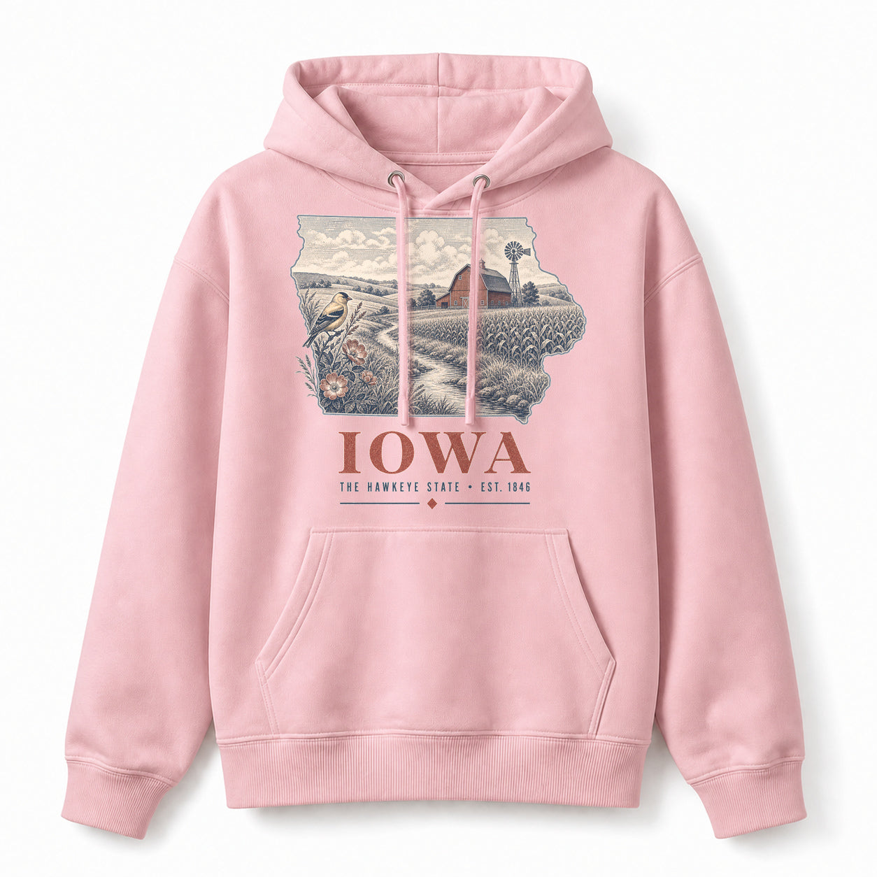 Vintage Iowa State Graphic Pullover Hoodie in Light Pink, front view on a white background