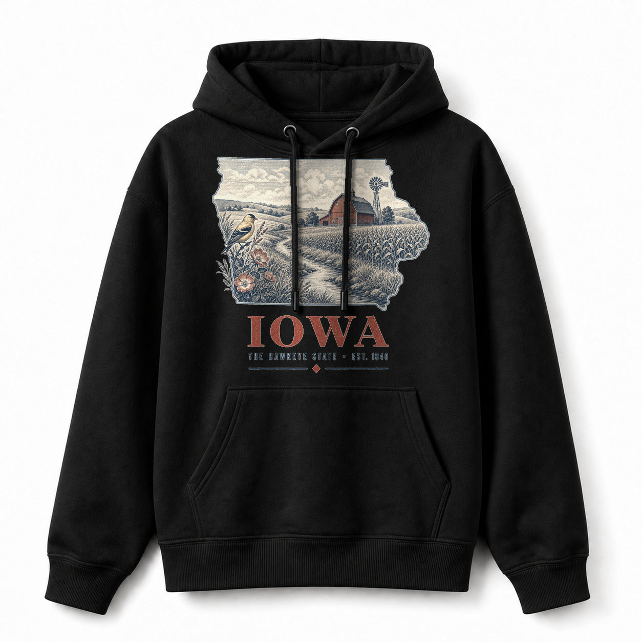 Vintage Iowa State Graphic Pullover Hoodie in Black, front view on a white background