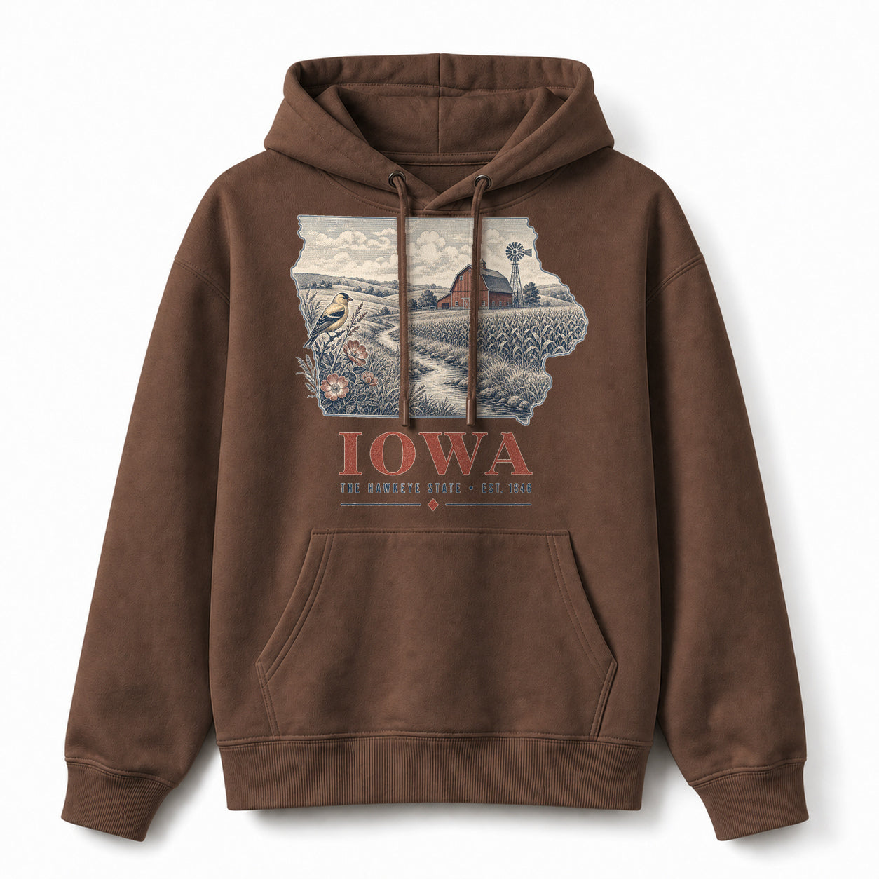 Vintage Iowa State Graphic Pullover Hoodie in Coffee Brown, front view on a white background