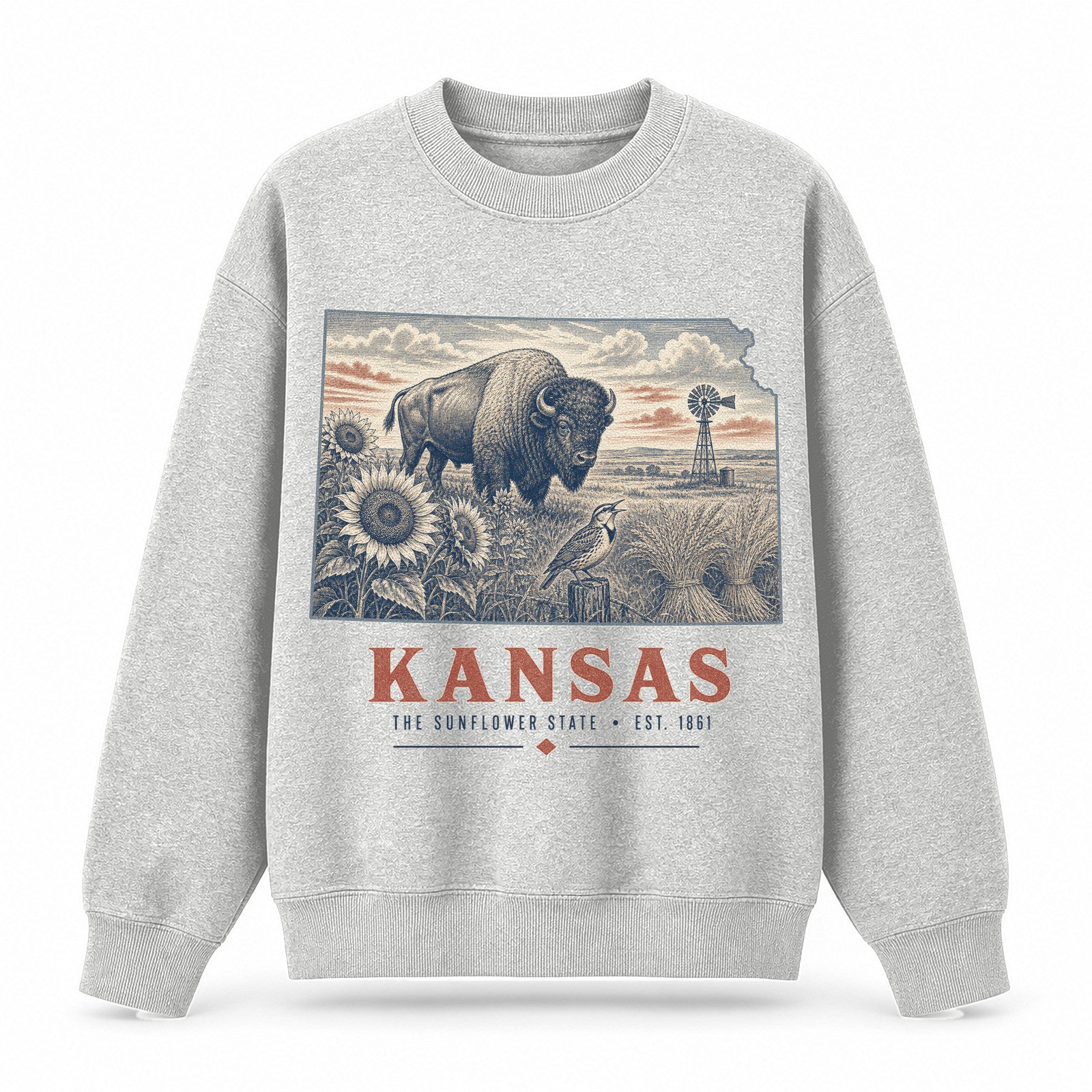 Vintage Kansas State Graphic Crewneck Sweatshirt in Light Gray, front view on a white background