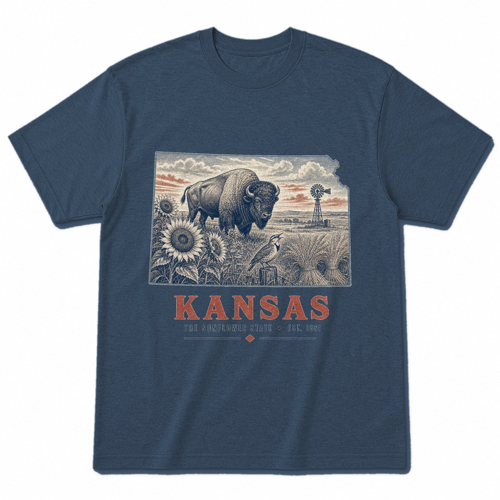 Vintage Kansas State Graphic T-Shirt in Washed Navy, front view on a white background