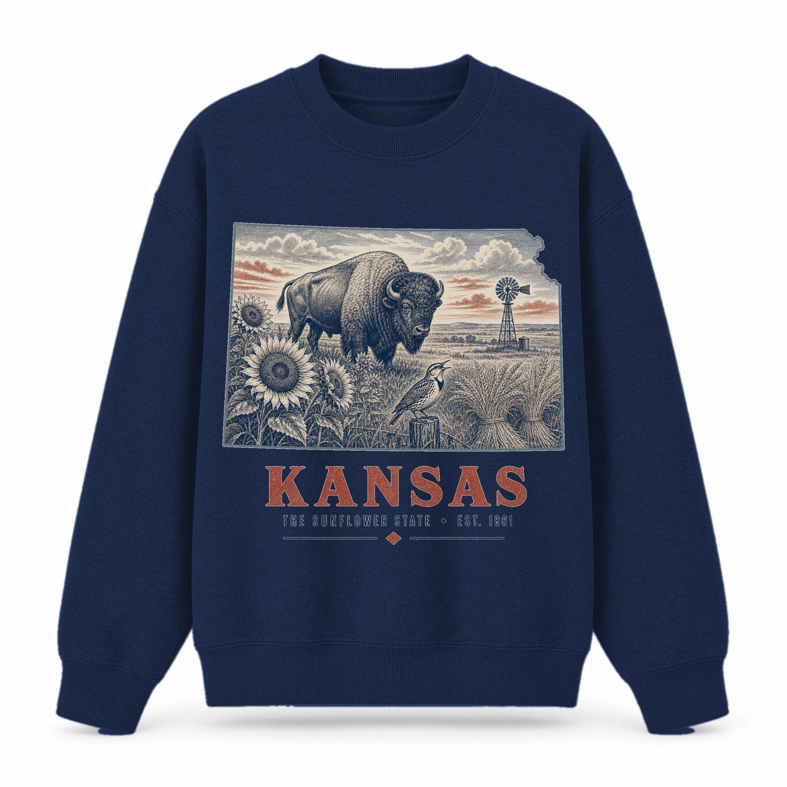 Vintage Kansas State Graphic Crewneck Sweatshirt in Navy, front view on a white background