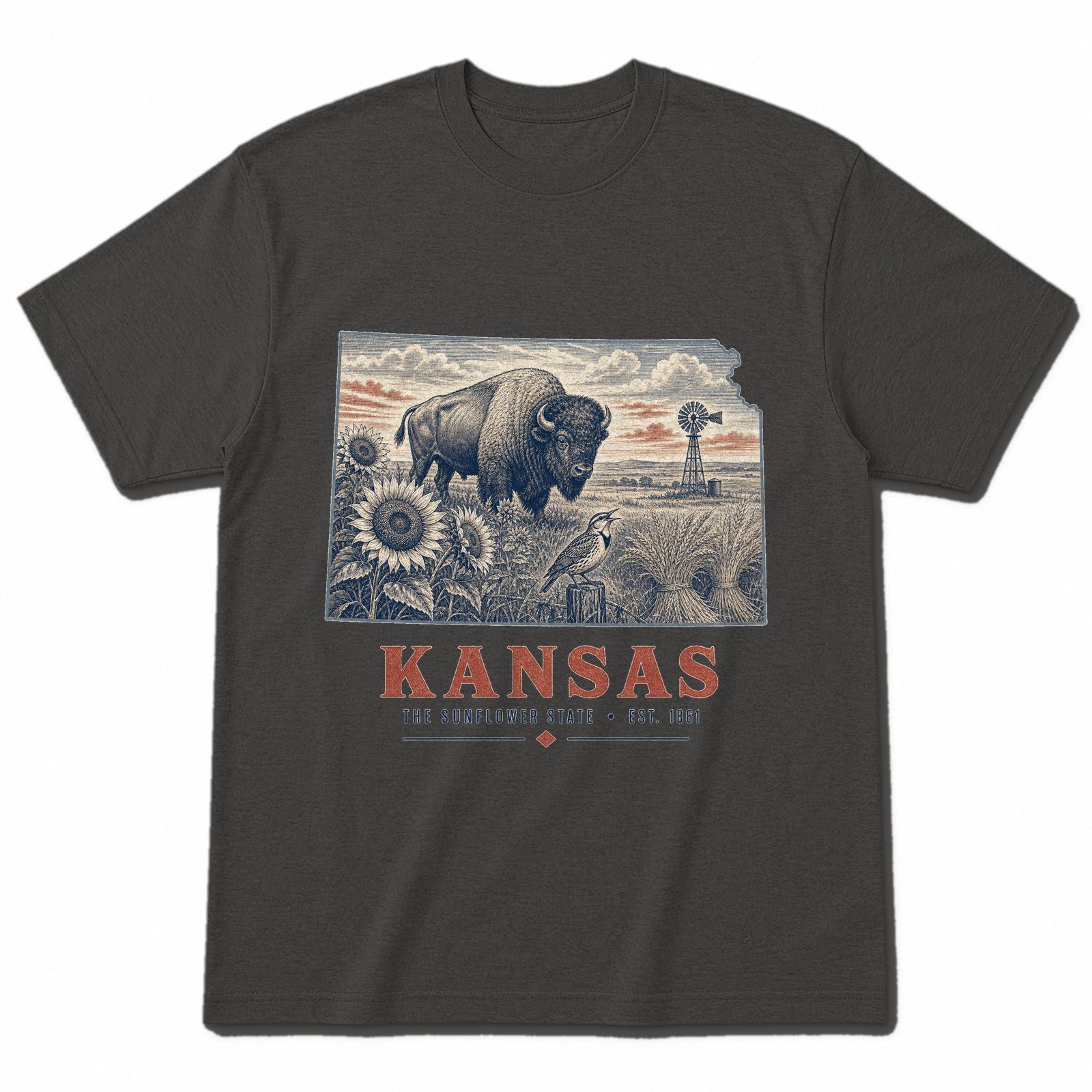Vintage Kansas State Graphic T-Shirt in Vintage Charcoal, front view on a white background