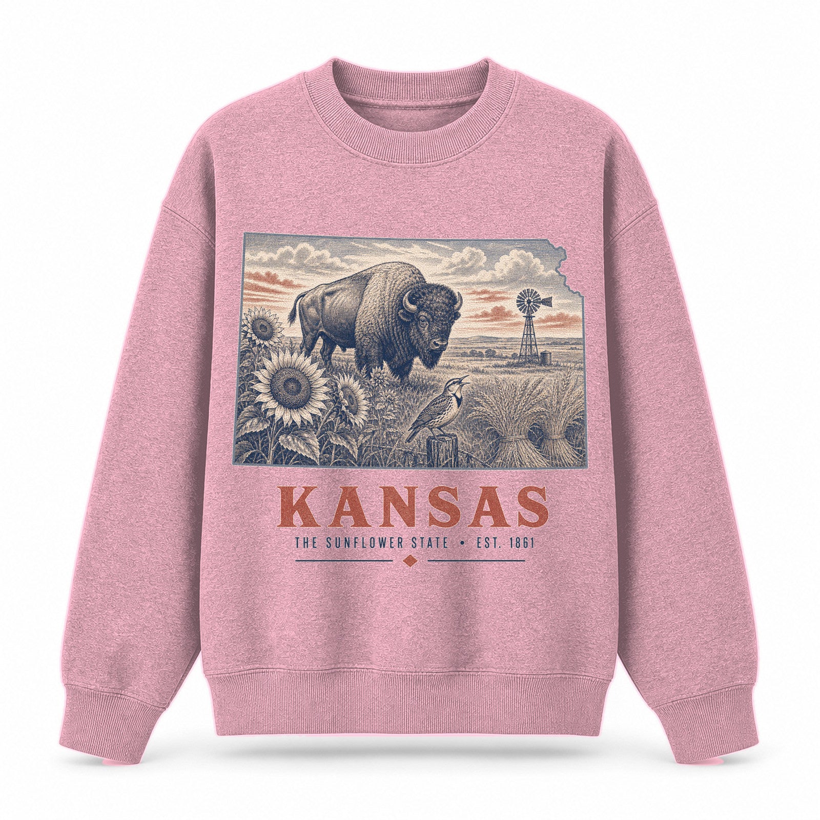 Vintage Kansas State Graphic Crewneck Sweatshirt in Pink, front view on a white background