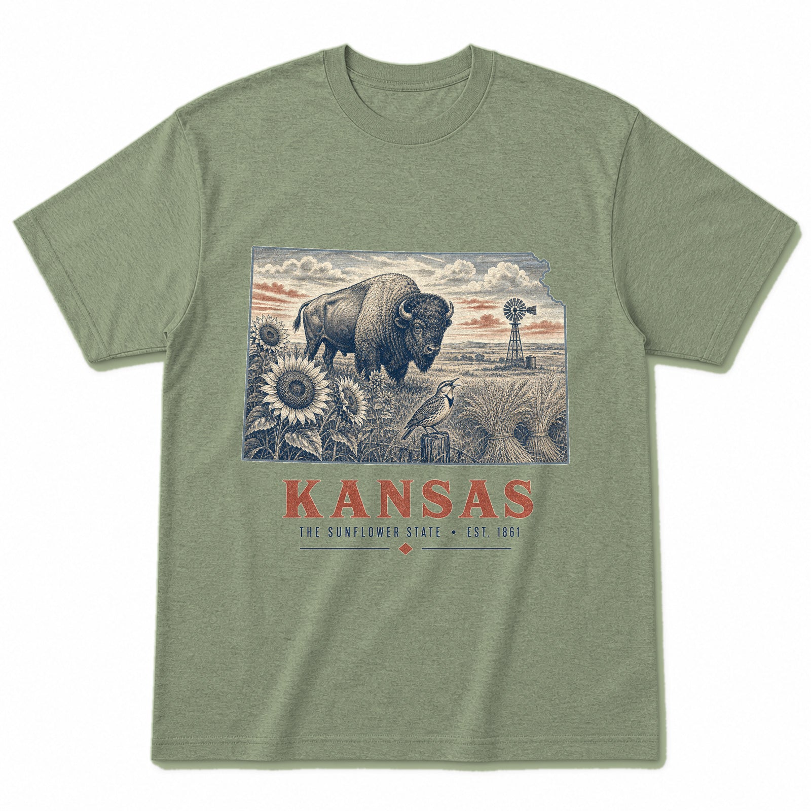 Vintage Kansas State Graphic T-Shirt in Light Sage Green, front view on a white background