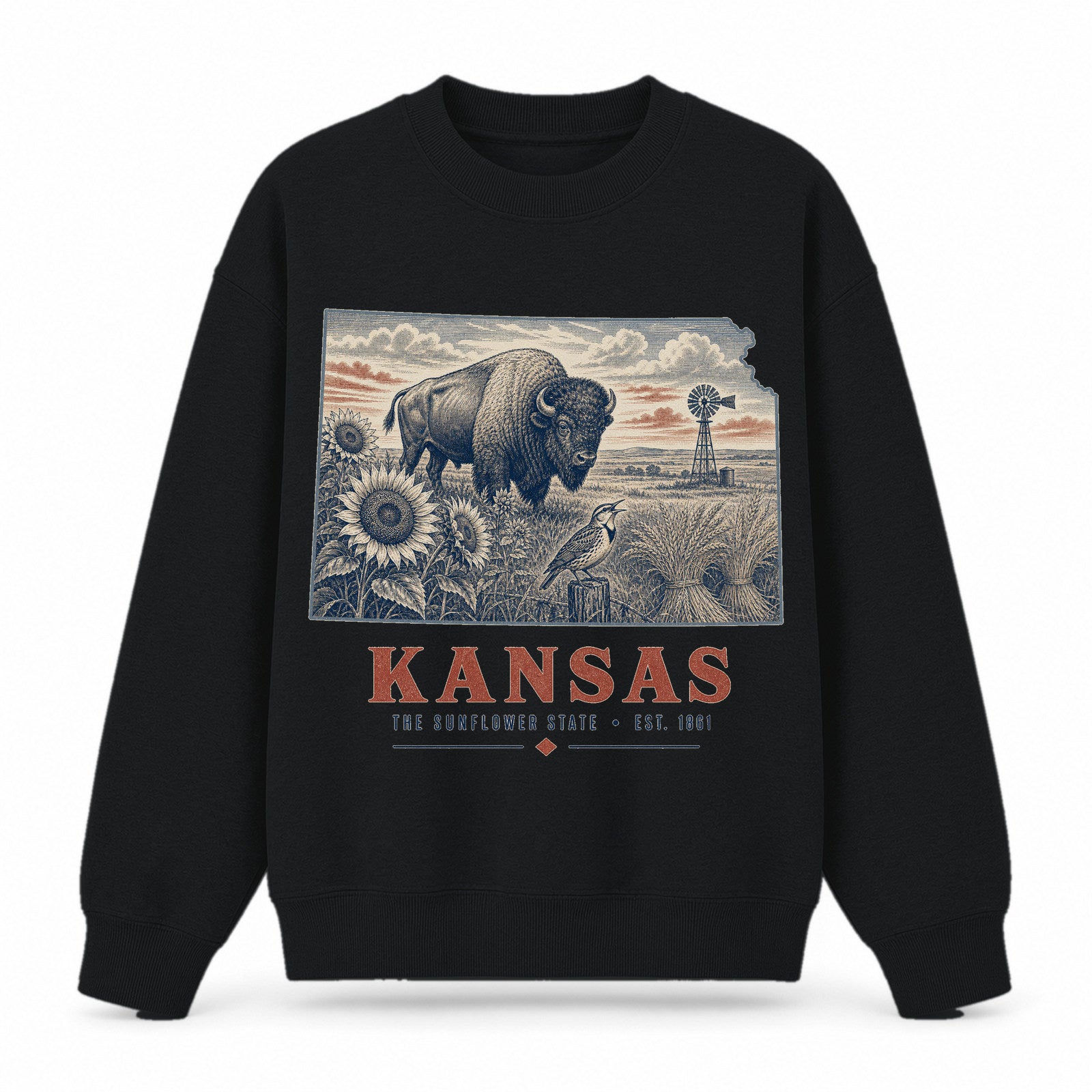 Vintage Kansas State Graphic Crewneck Sweatshirt in Black, front view on a white background