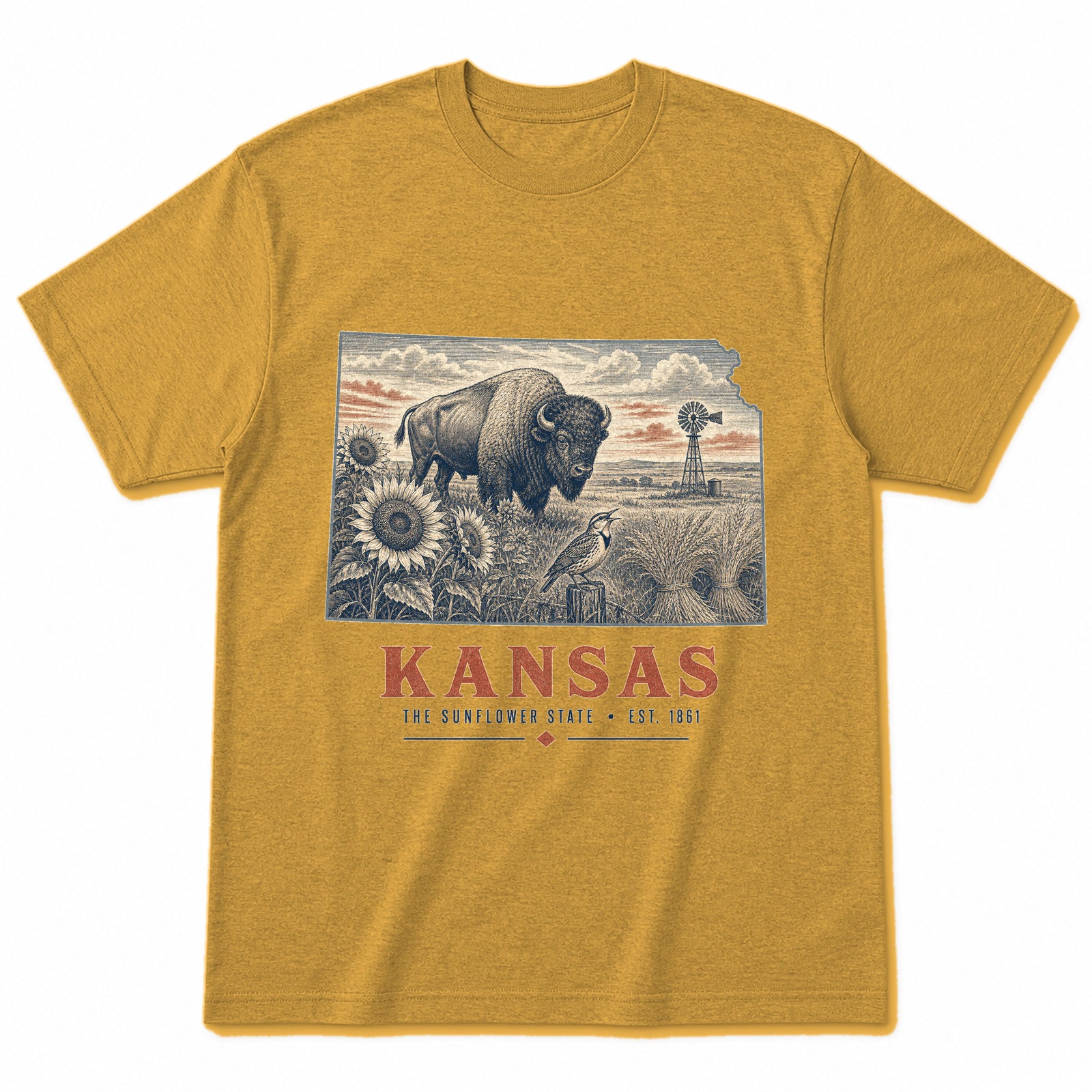 Vintage Kansas State Graphic T-Shirt in Vintage Mustard Yellow, front view on a white background
