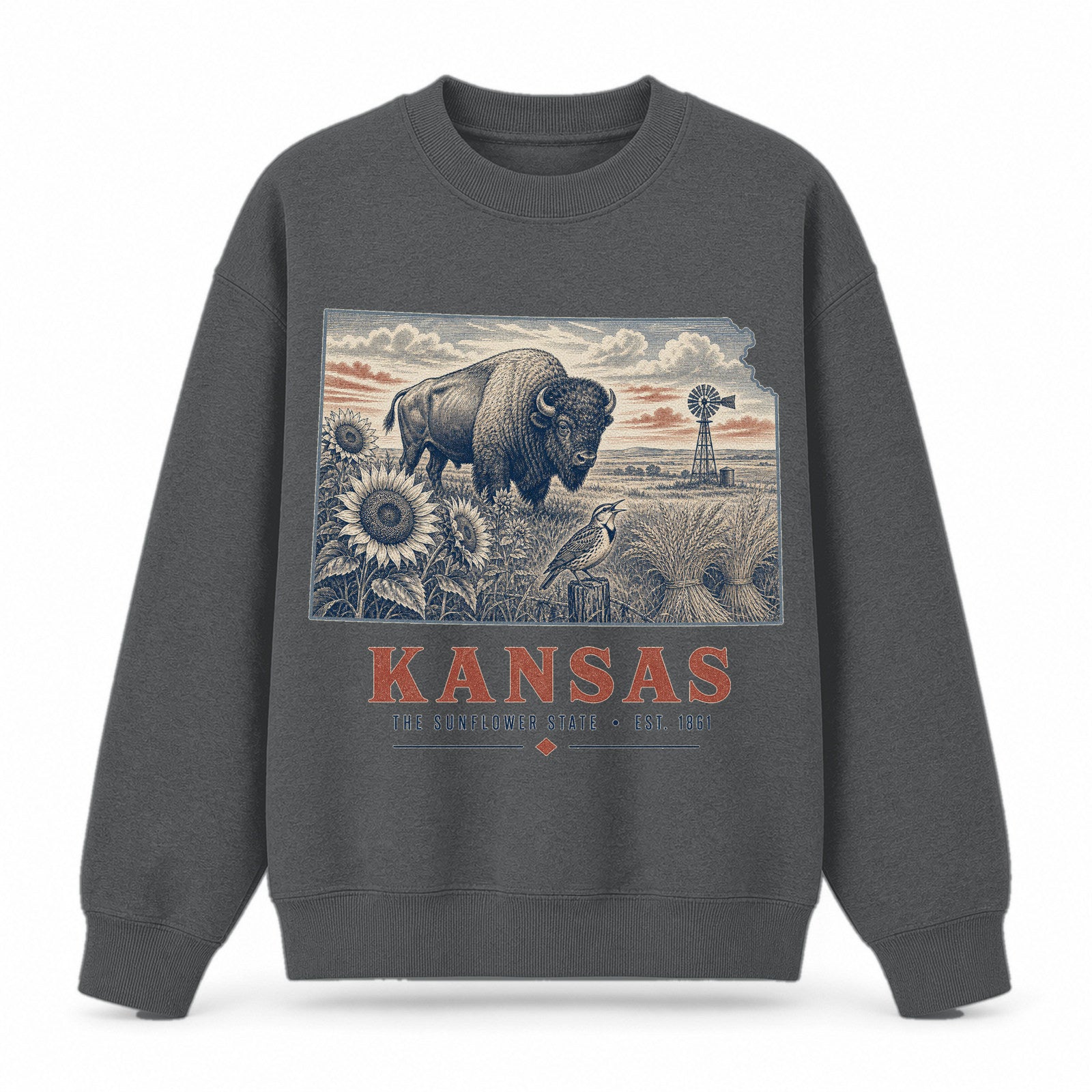 Vintage Kansas State Graphic Crewneck Sweatshirt in Dark Gray, front view on a white background