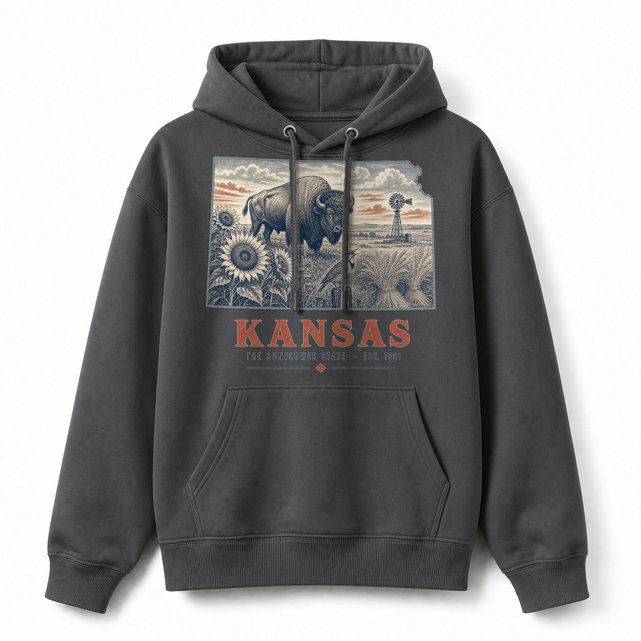 Vintage Kansas State Graphic Pullover Hoodie in Dark Gray, front view on a white background