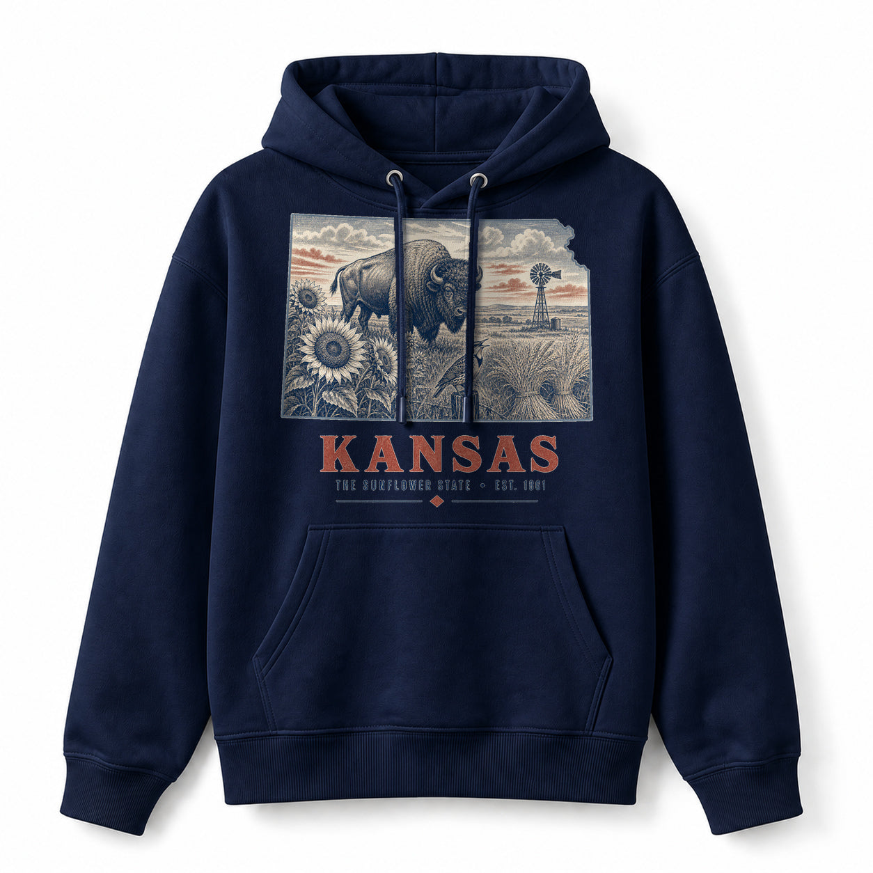 Vintage Kansas State Graphic Pullover Hoodie in Navy, front view on a white background