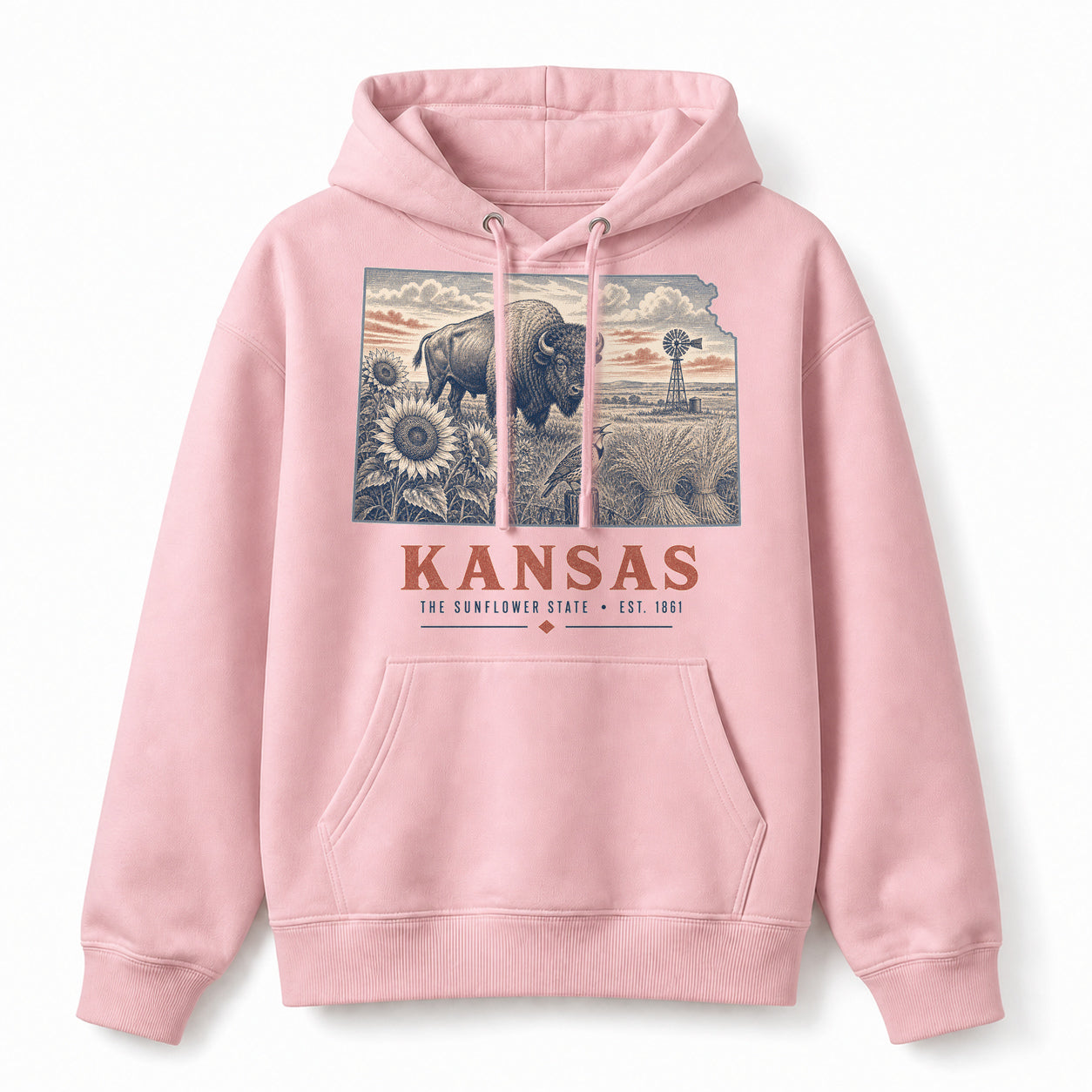Vintage Kansas State Graphic Pullover Hoodie in Light Pink, front view on a white background
