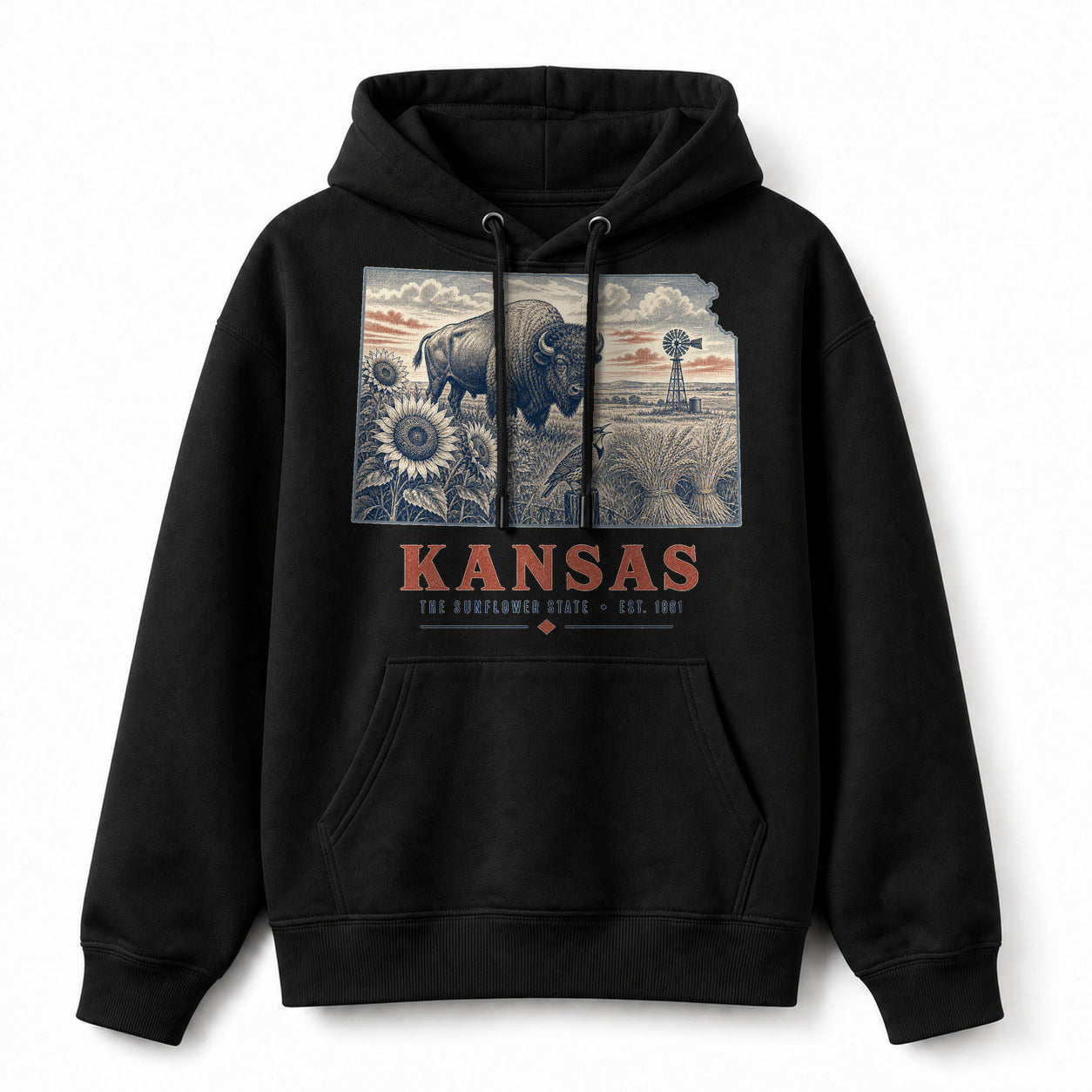Vintage Kansas State Graphic Pullover Hoodie in Black, front view on a white background