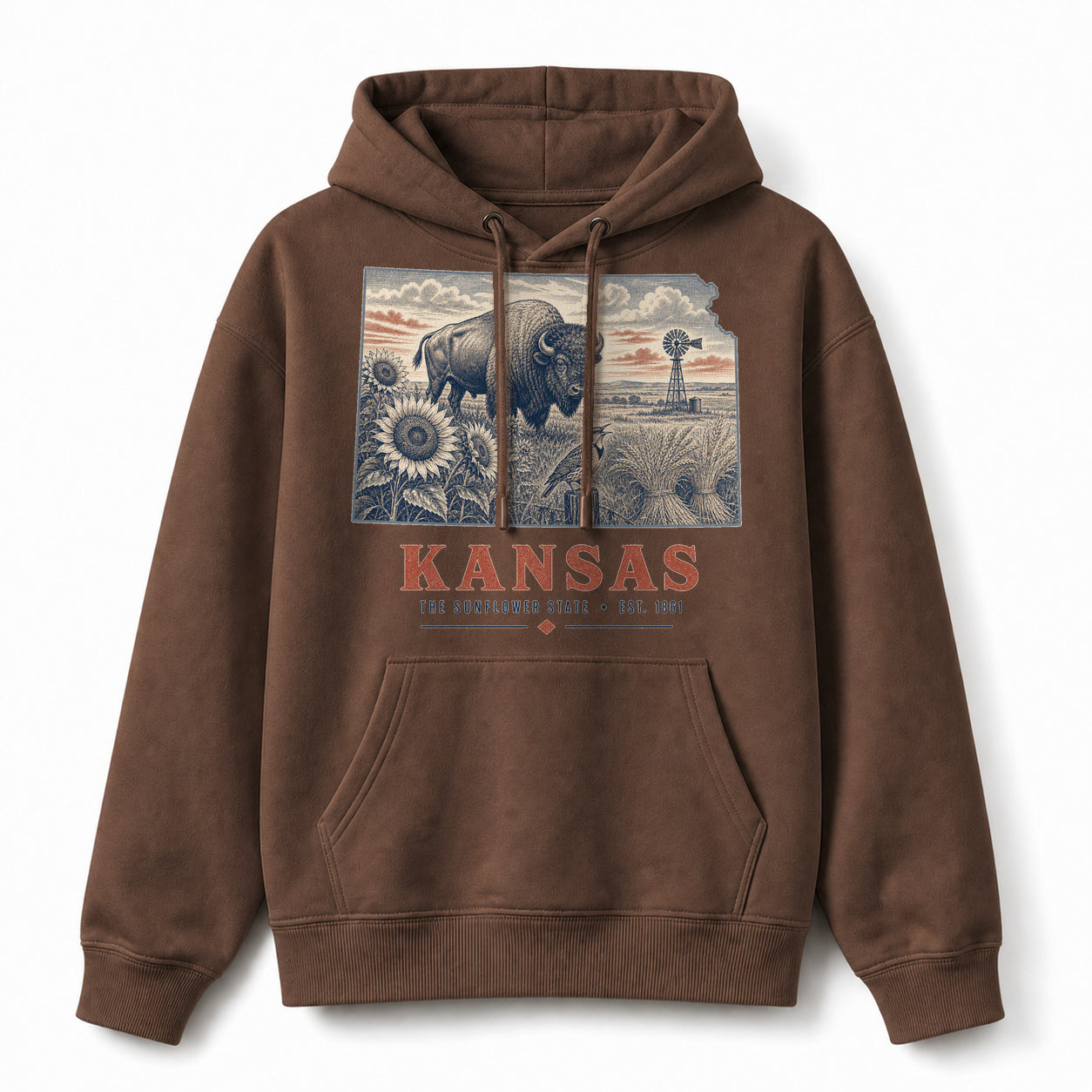 Vintage Kansas State Graphic Pullover Hoodie in Coffee Brown, front view on a white background