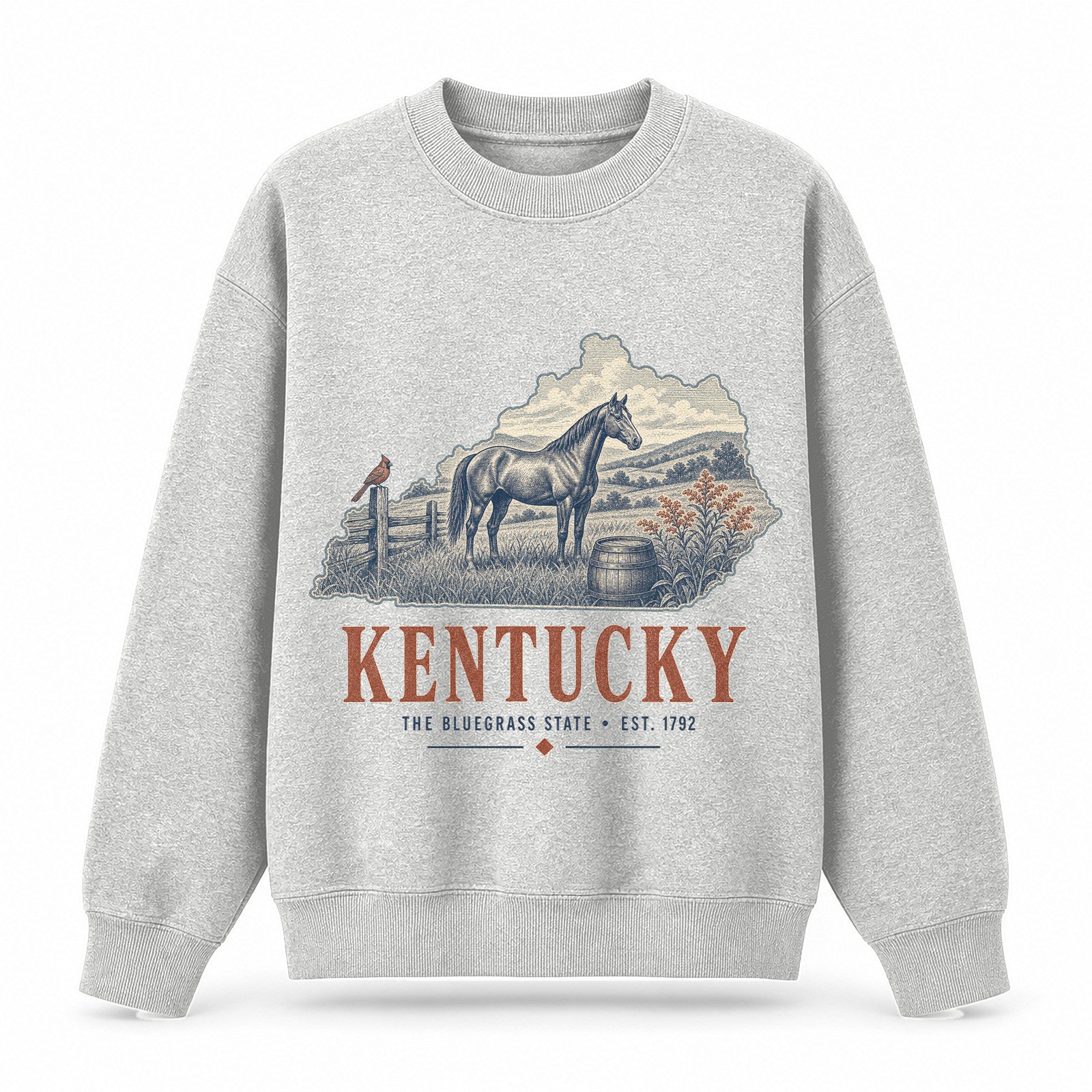 Vintage Kentucky State Graphic Crewneck Sweatshirt in Light Gray, front view on a white background