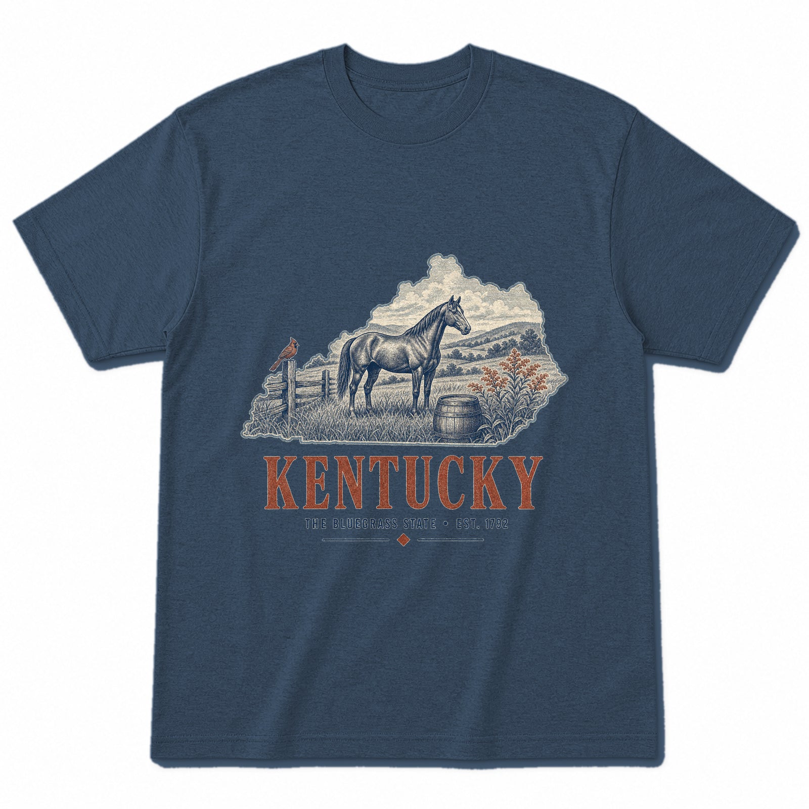 Vintage Kentucky State Graphic T-Shirt in Washed Navy, front view on a white background
