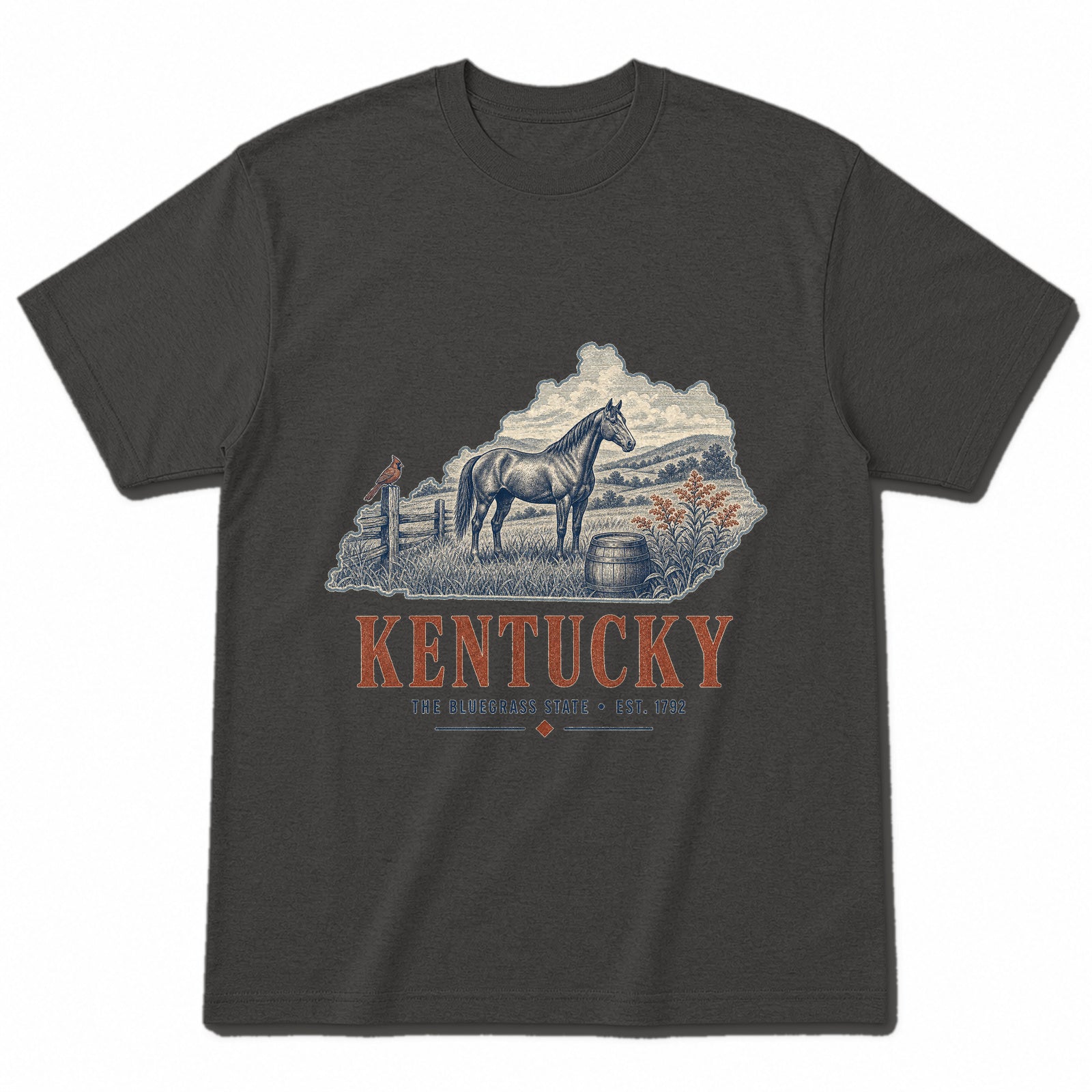 Vintage Kentucky State Graphic T-Shirt in Vintage Charcoal, front view on a white background