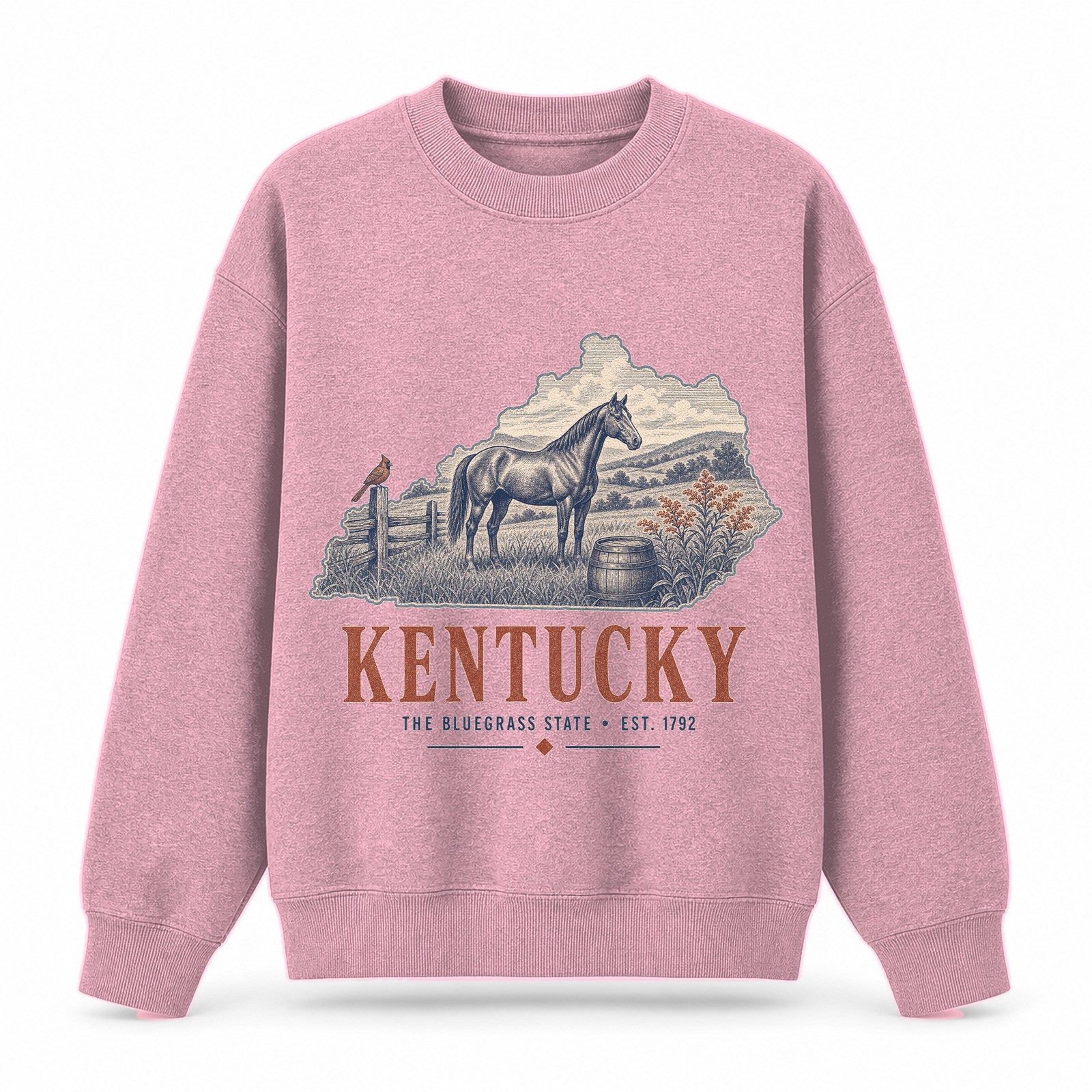 Vintage Kentucky State Graphic Crewneck Sweatshirt in Pink, front view on a white background