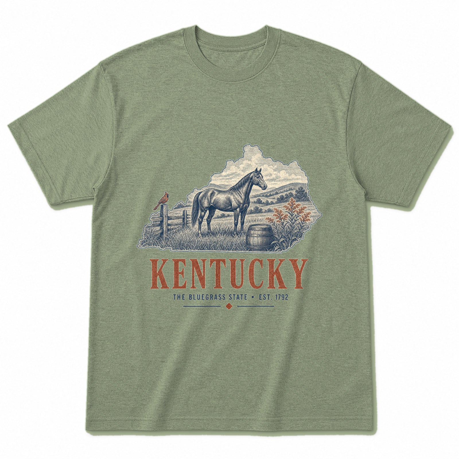 Vintage Kentucky State Graphic T-Shirt in Light Sage Green, front view on a white background