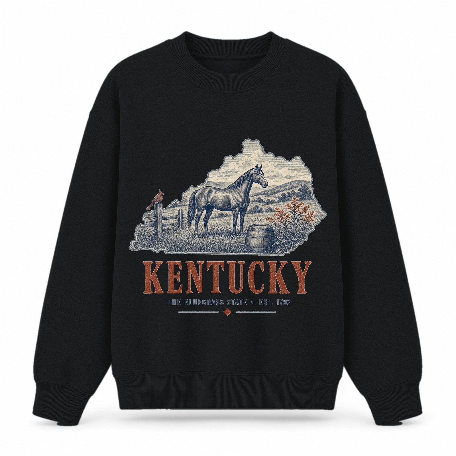 Vintage Kentucky State Graphic Crewneck Sweatshirt in Black, front view on a white background