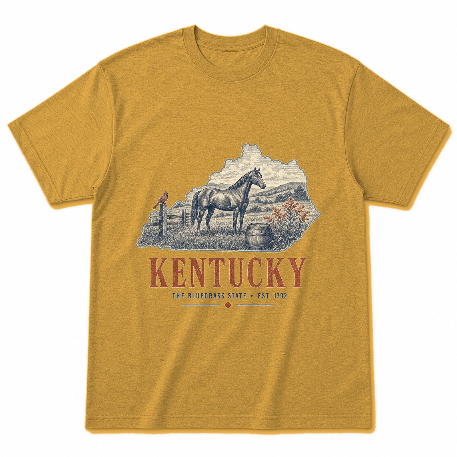 Vintage Kentucky State Graphic T-Shirt in Vintage Mustard Yellow, front view on a white background