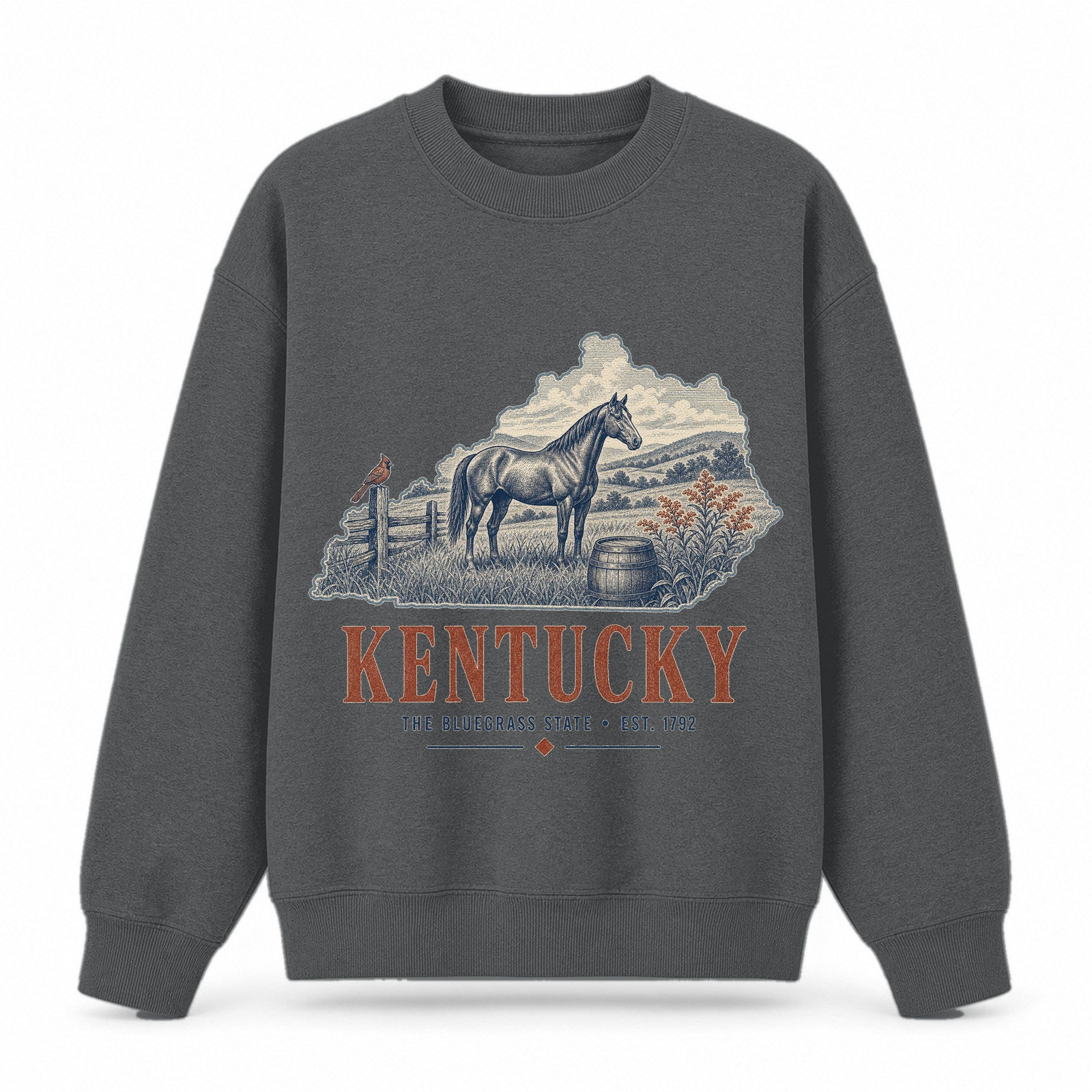 Vintage Kentucky State Graphic Crewneck Sweatshirt in Dark Gray, front view on a white background