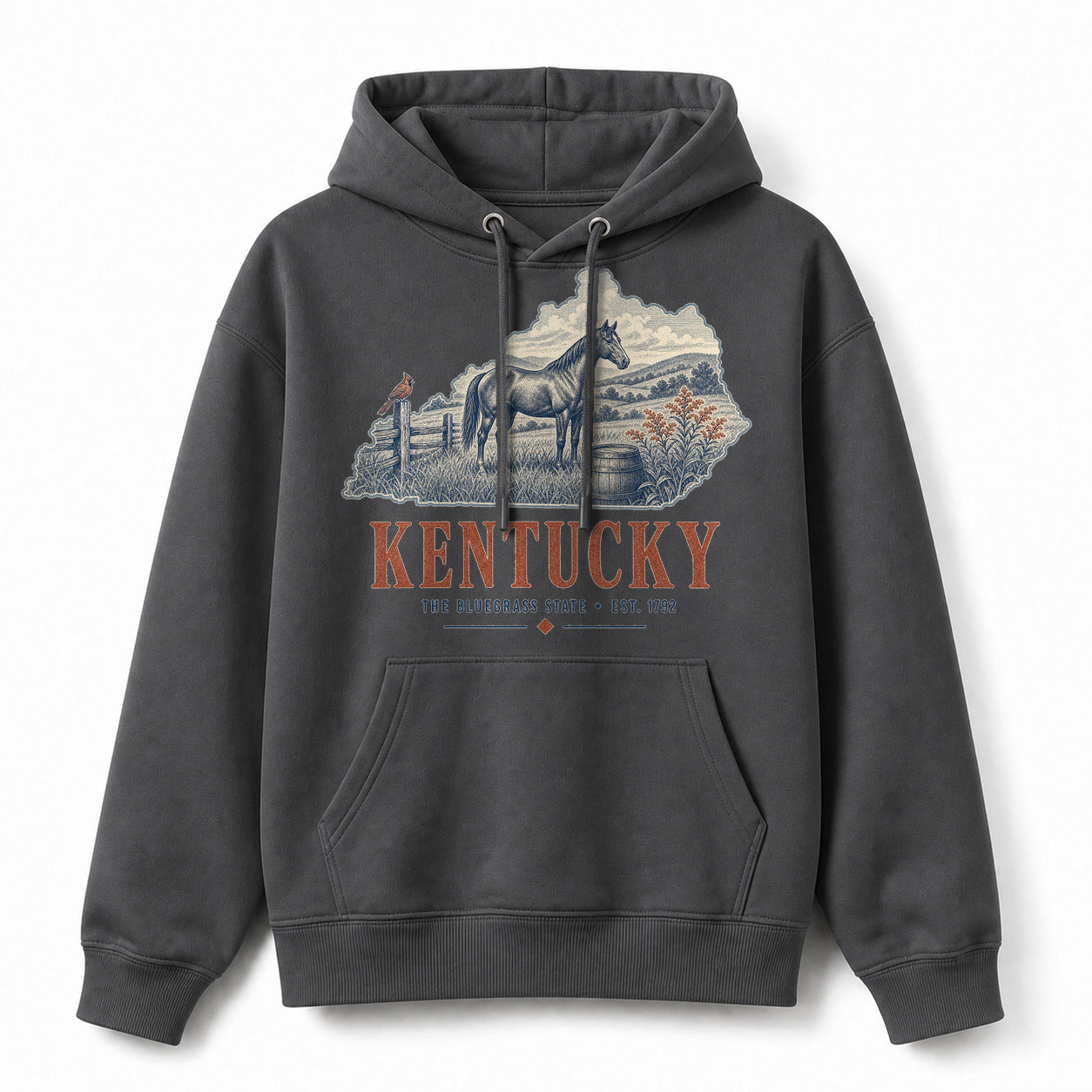 Vintage Kentucky State Graphic Pullover Hoodie in Dark Gray, front view on a white background