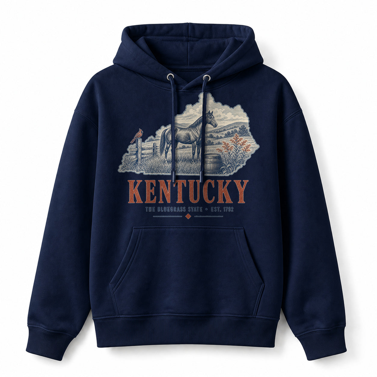 Vintage Kentucky State Graphic Pullover Hoodie in Navy, front view on a white background
