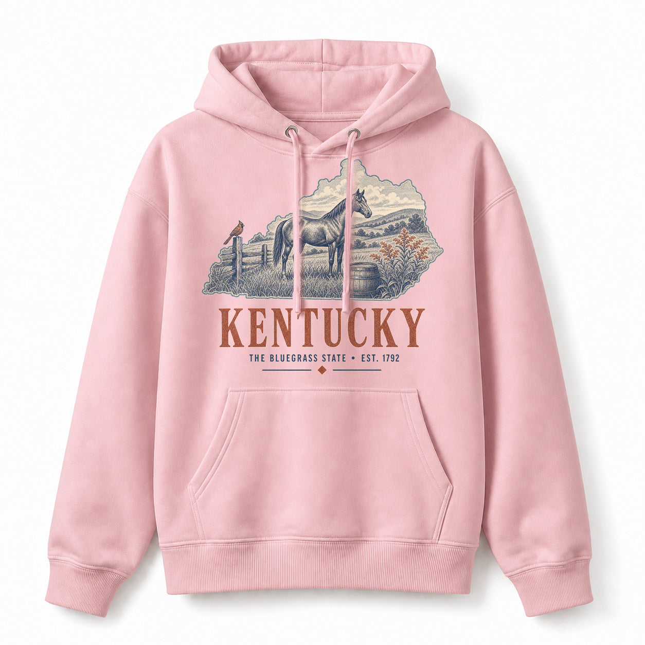 Vintage Kentucky State Graphic Pullover Hoodie in Light Pink, front view on a white background