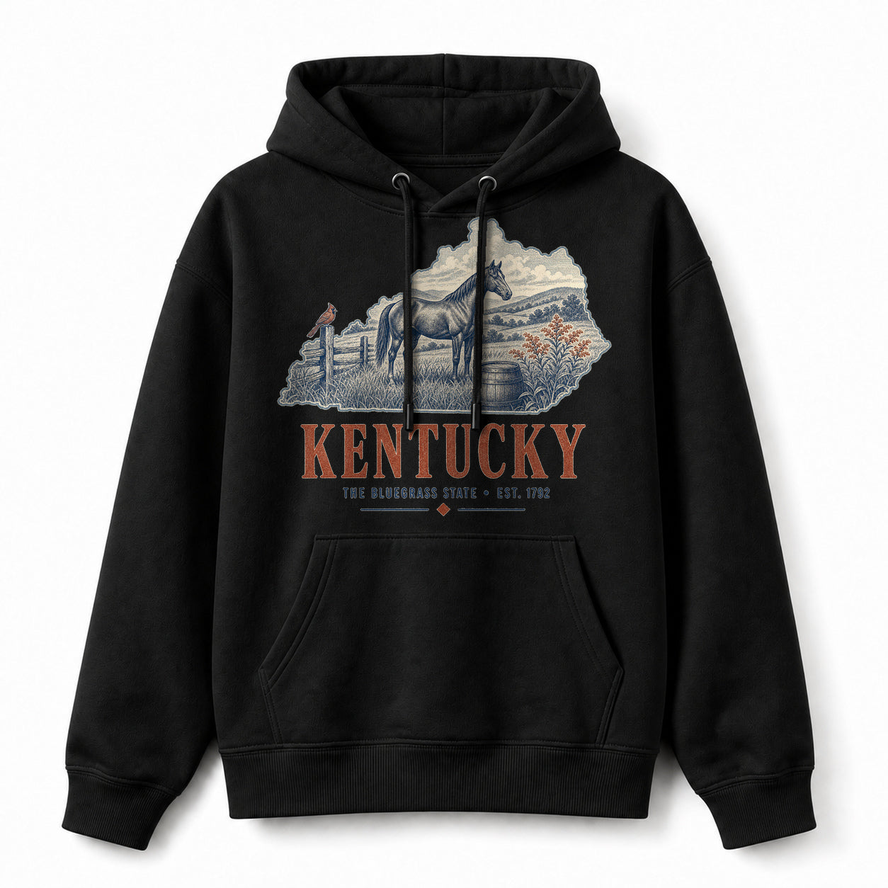 Vintage Kentucky State Graphic Pullover Hoodie in Black, front view on a white background
