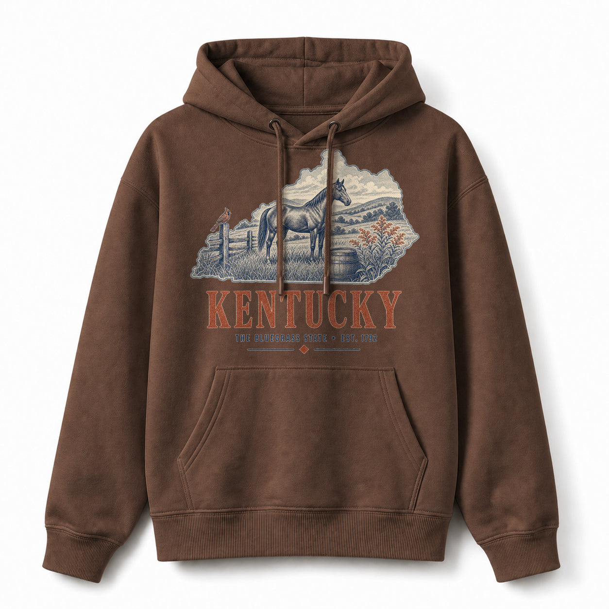 Vintage Kentucky State Graphic Pullover Hoodie in Coffee Brown, front view on a white background