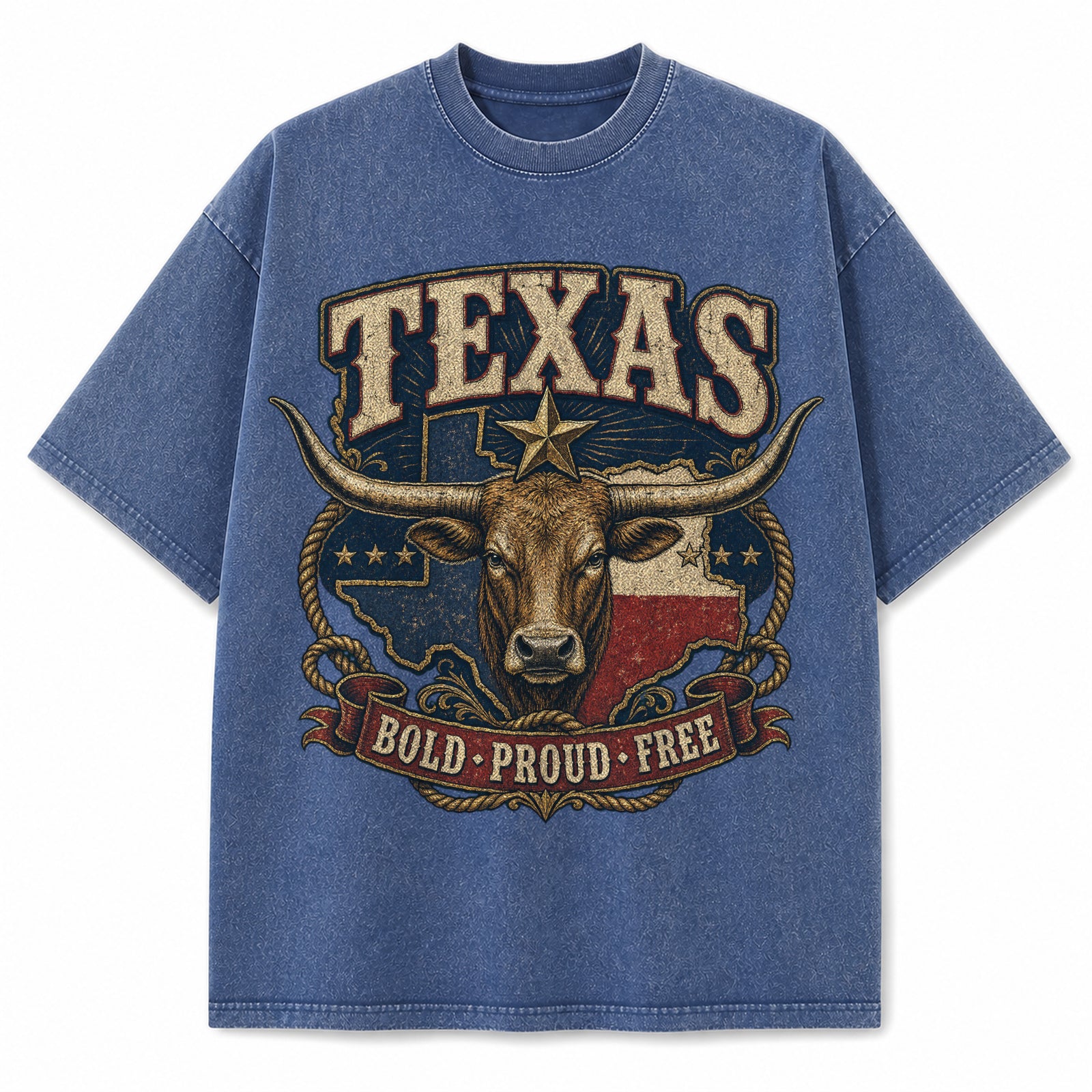 Texas Bold, Proud & Free vintage washed heavyweight T-shirt in Blue